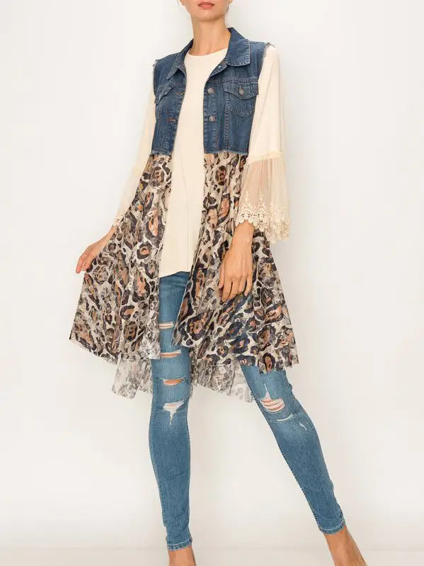 Chic Cropped Denim Lace Leopard Layer Vest