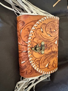 Hand Tooled Saddle Tan with Ivory Fringe