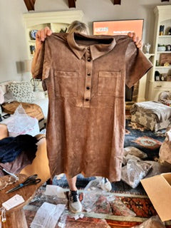 Chesnut Suede Button up, Polo TShirt Dress with Pockets