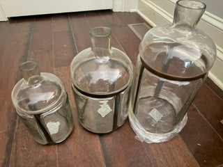 Clear Blown Glass Bottles in Metal Frames set of 3