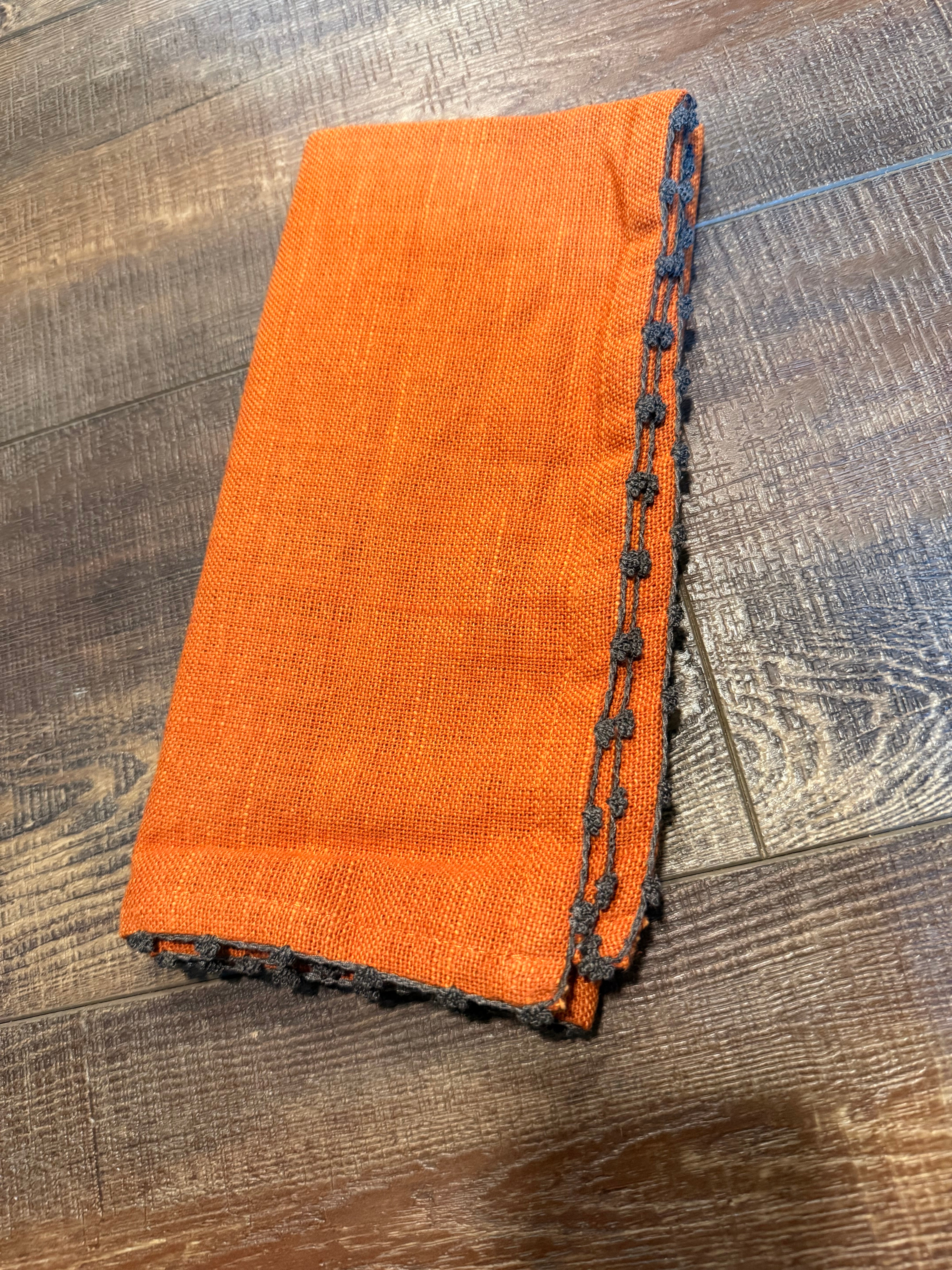 Knotted Edge Raw Cotton Napkins - Tomato with Grey Trim