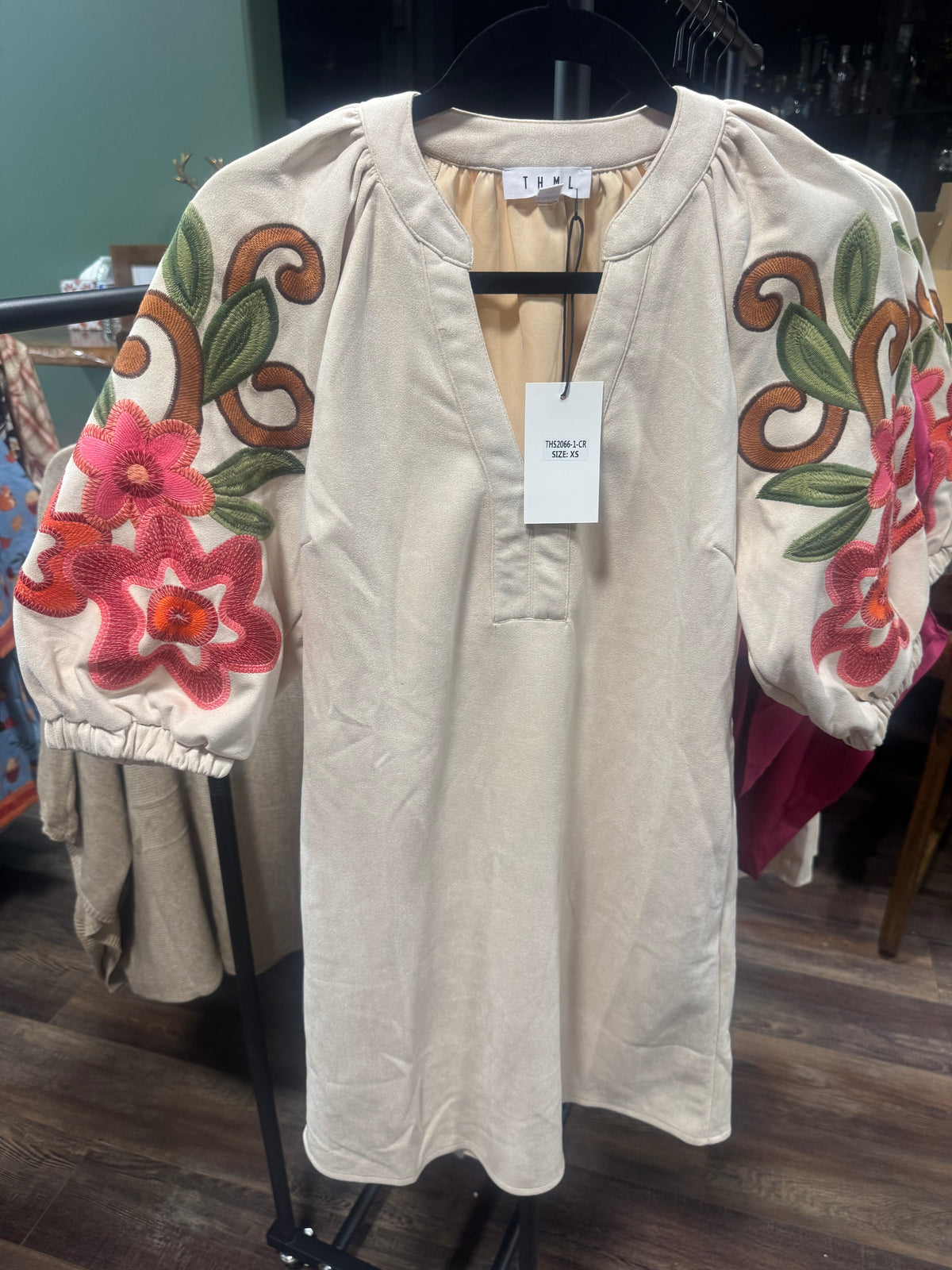 Suede Short Dress with Embroidered Sleeves