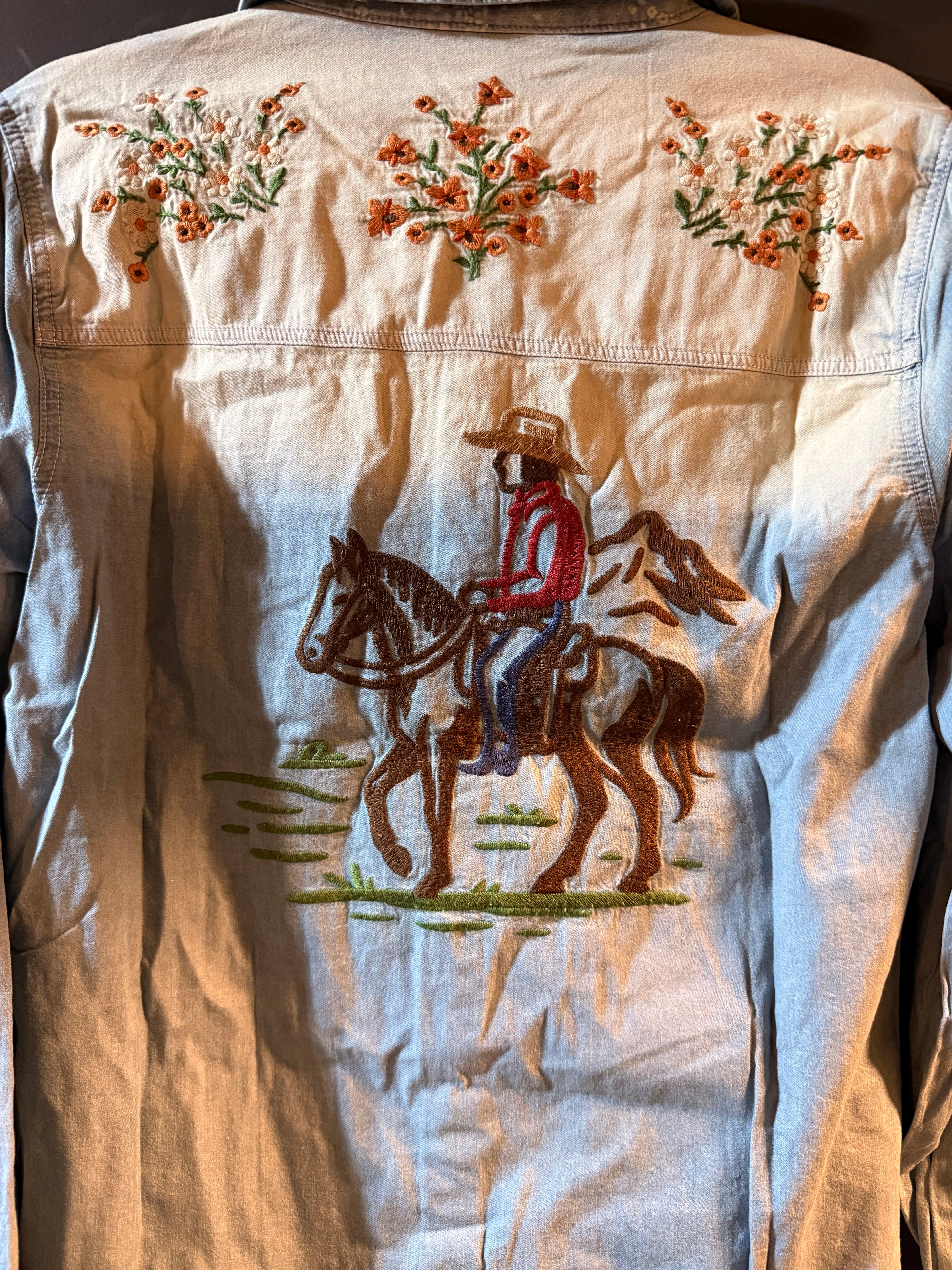 Washed Blue Denim Cowboy & Flowers Embroidered Silver Snap Shirt