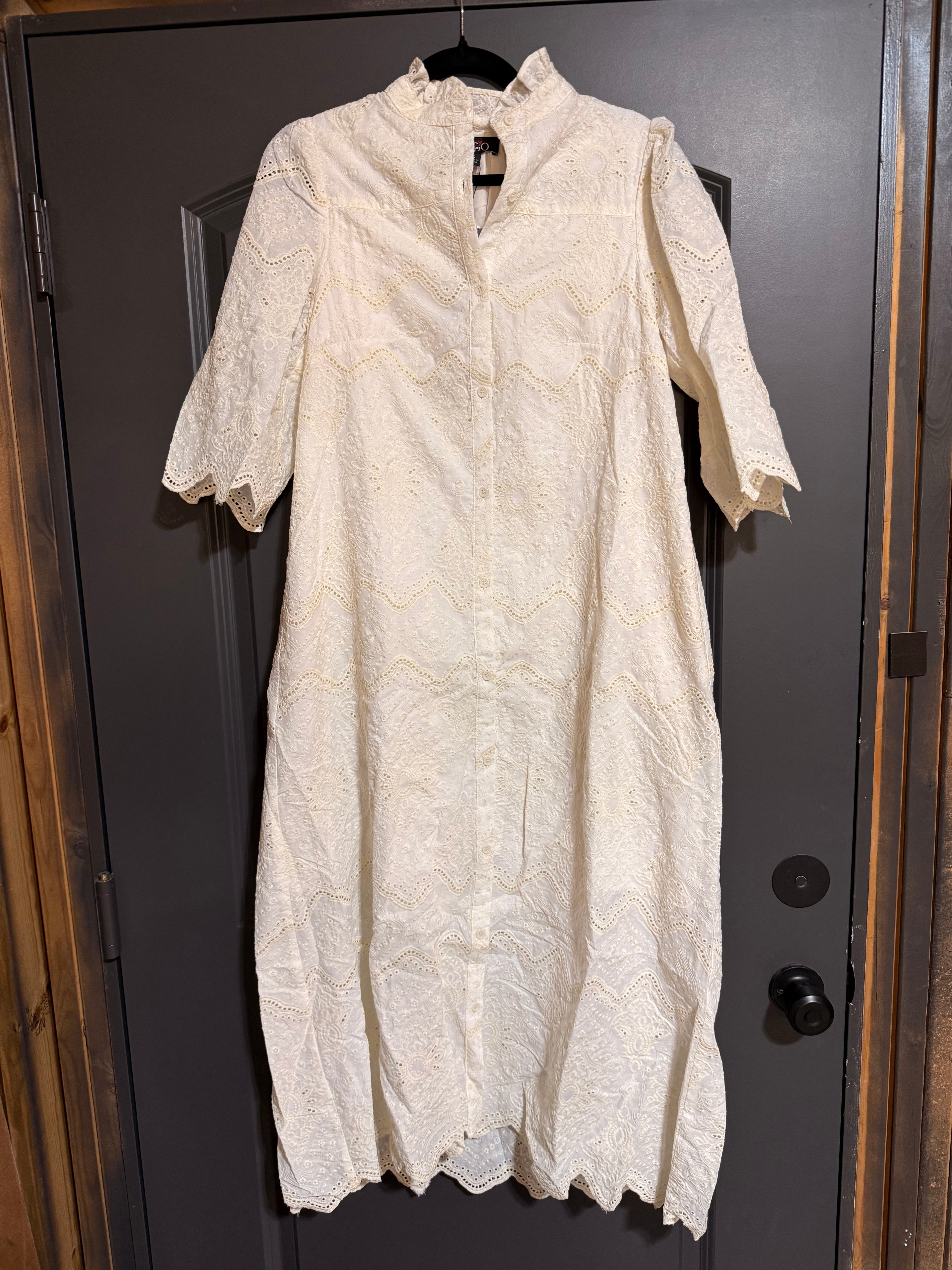 RL Inspired White Cotton Eyelet Button Up Dress