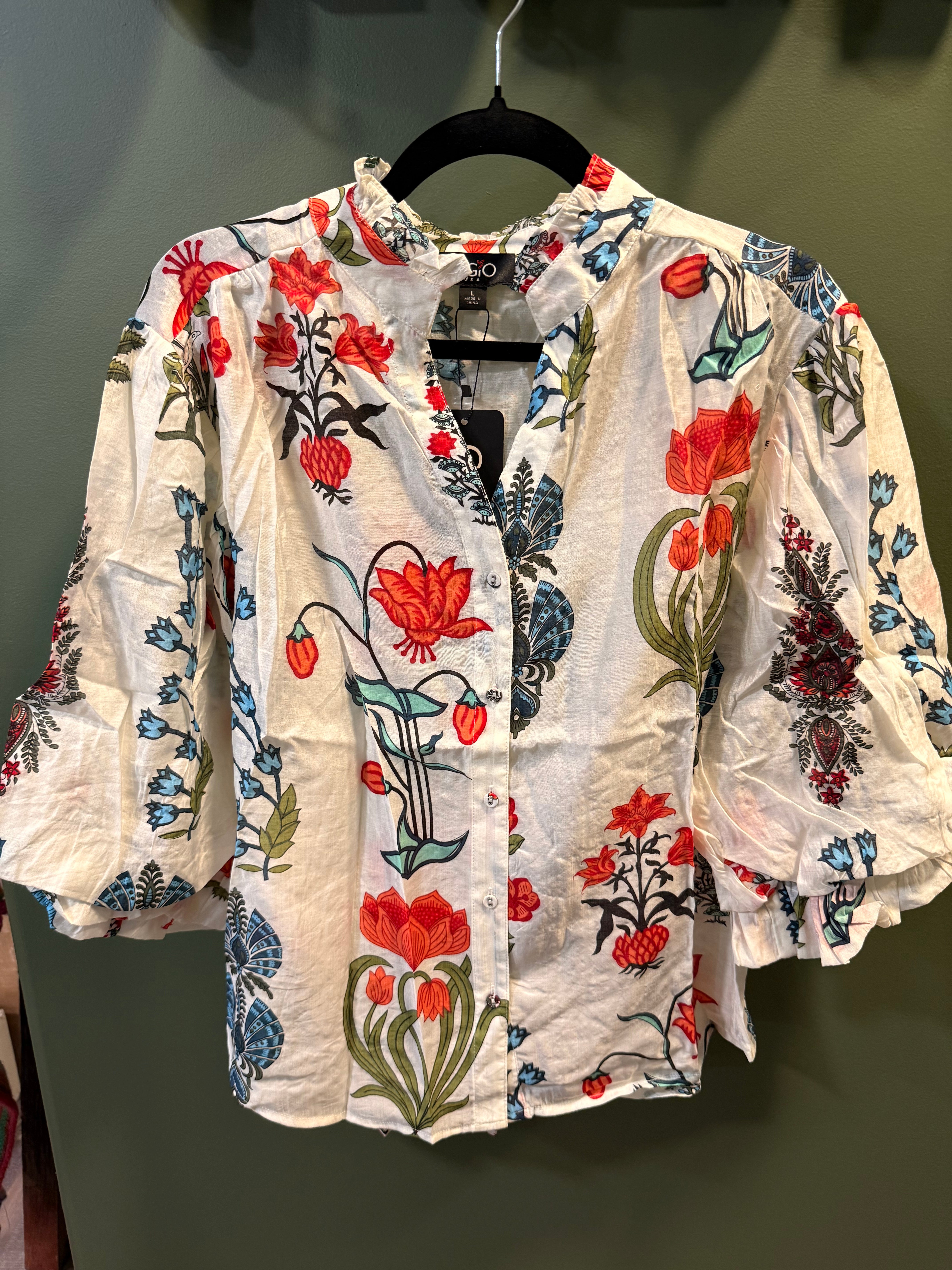 Boho Floral Button Down Balloon Sleeve Blouse