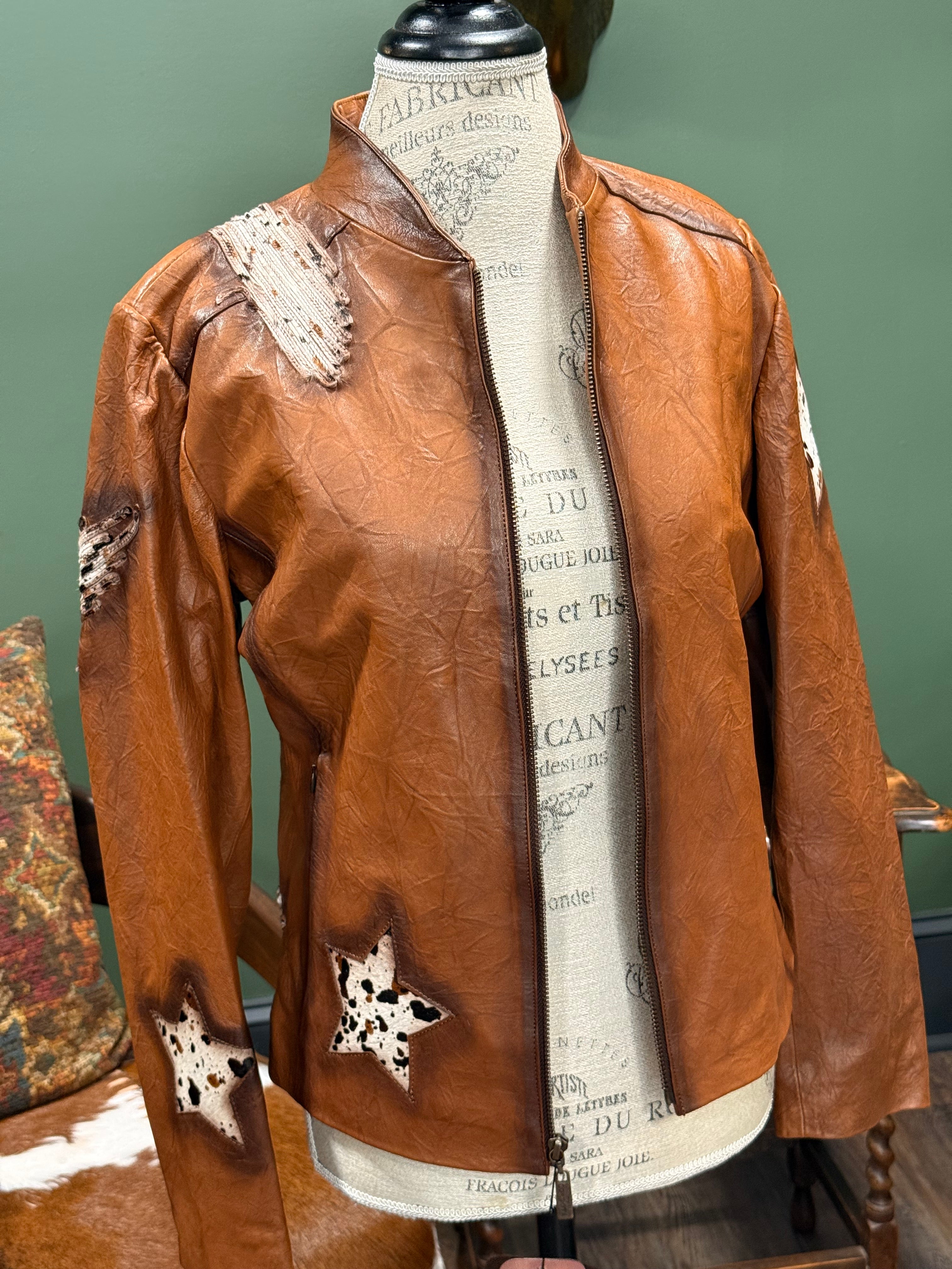 Leather Jacket with Cowhide Stars and Feathers Appliques