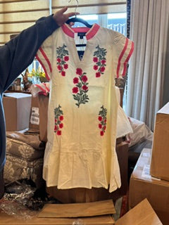 Gigio Ivory with Pink Floral Embroidered VNeck Dress