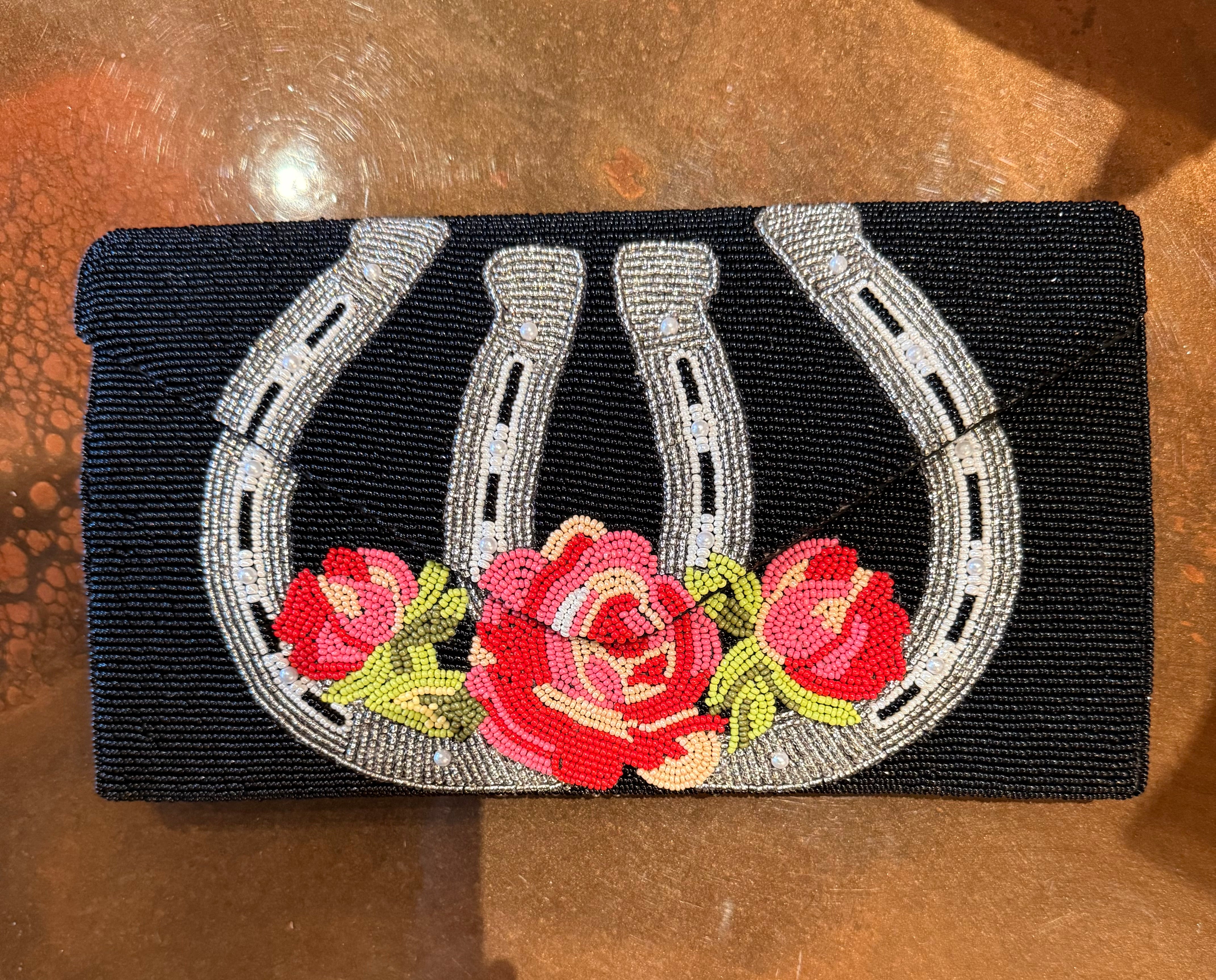 Beaded Horseshoe and Roses Clutch Purse