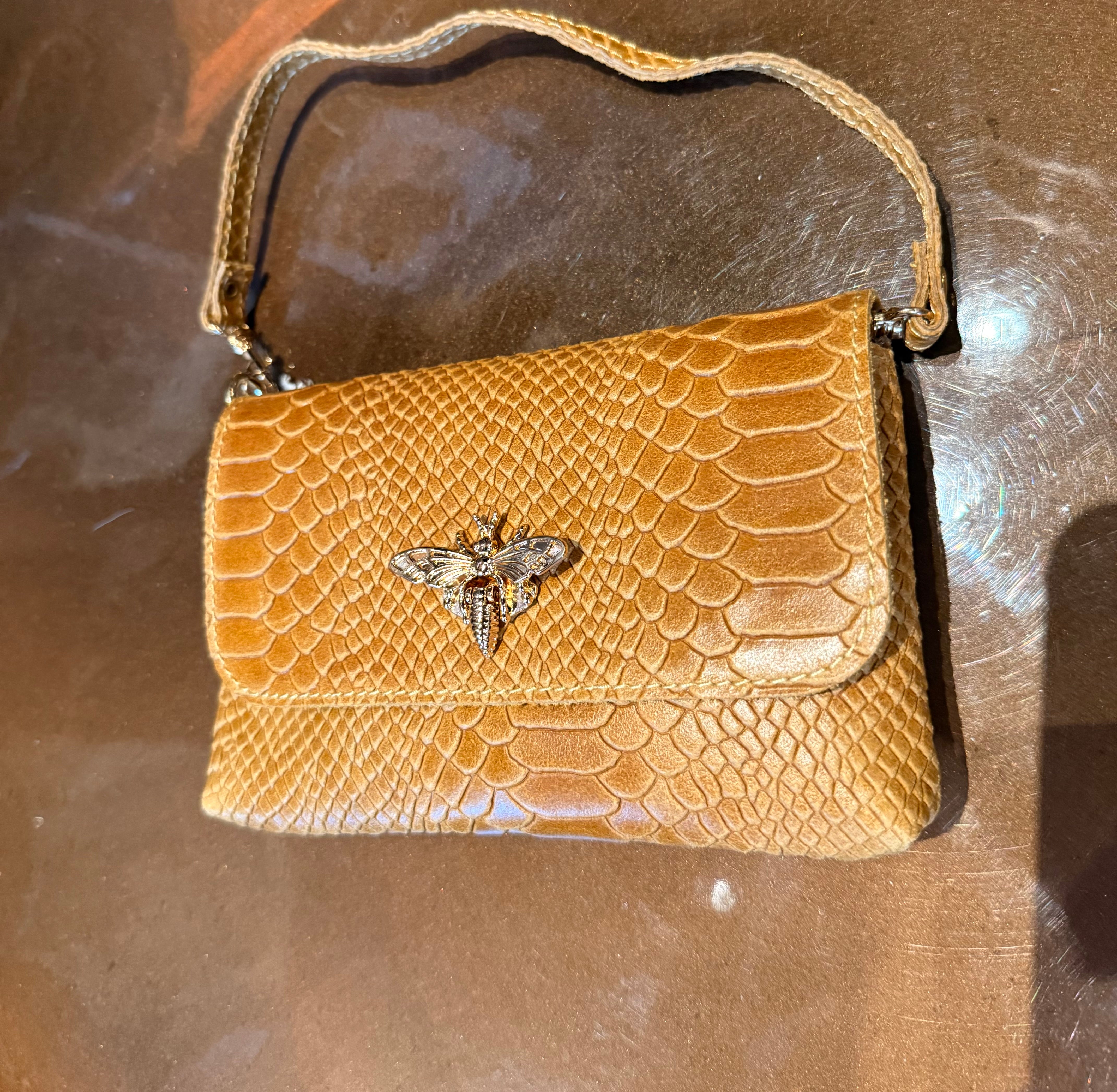 Italian Leather Camel Purse with Gold Bee Accent