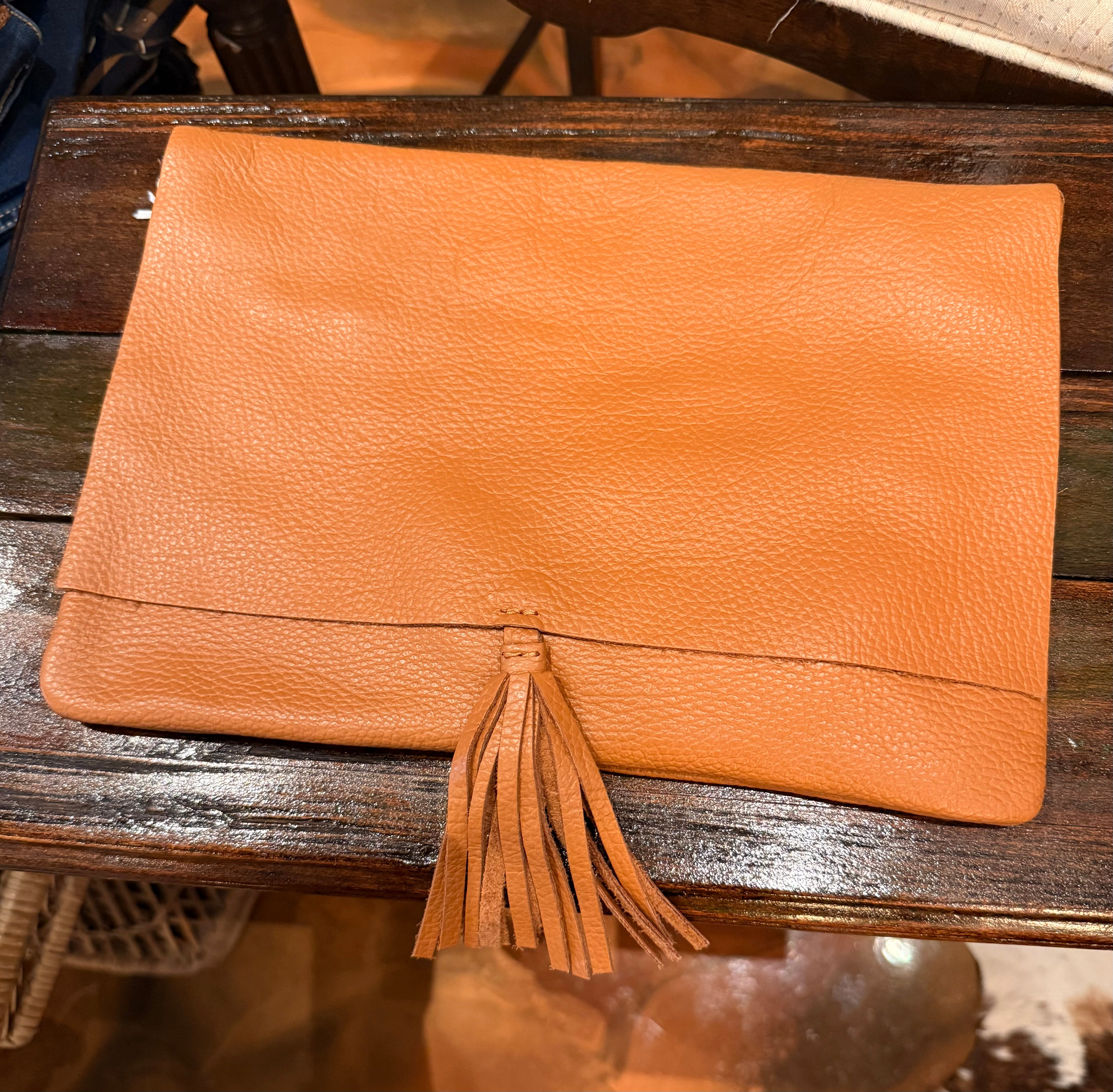 Tan Italian Leather Clutch Purse with Tassel