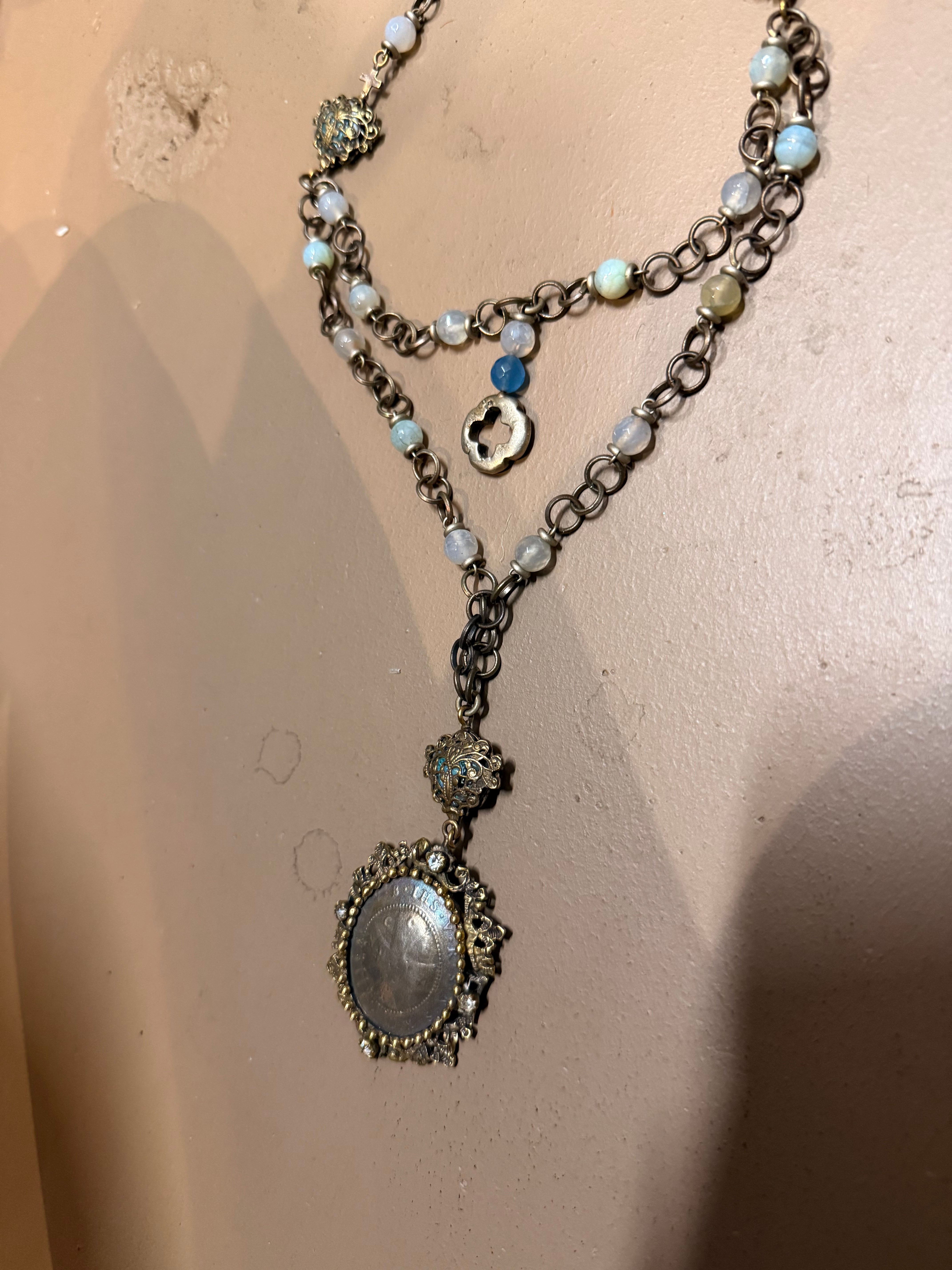 Multi Strand Necklace with Labradorite Pendant and Mixed Gemstone Beads