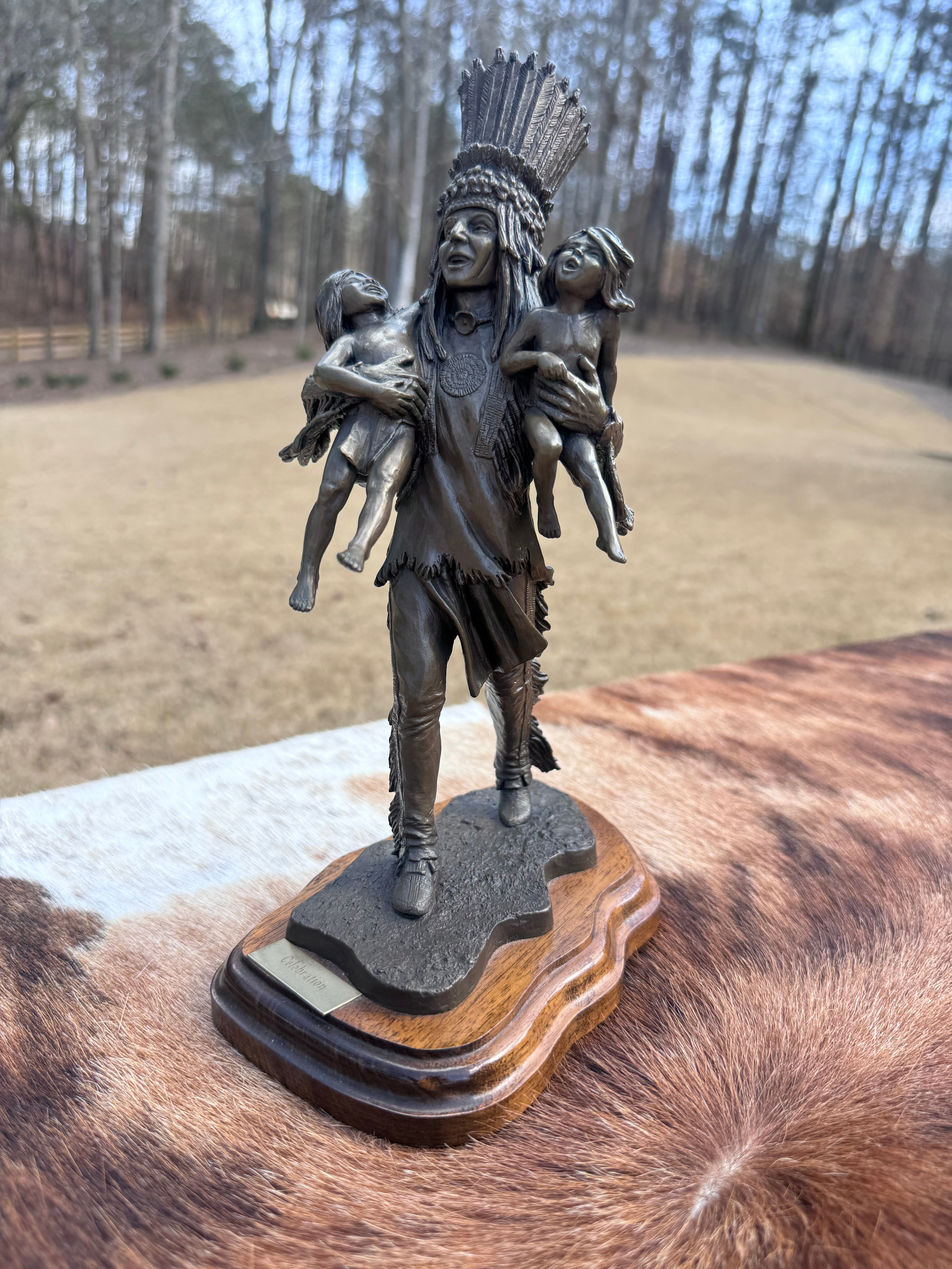 Celebration Warrior with Two Children Bronze Sculpture