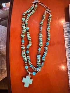 Paige Wallace multistrand turq necklace with turq/silver cross