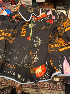 Black Long sleeve Western Theme Top with Bluew/purple trim