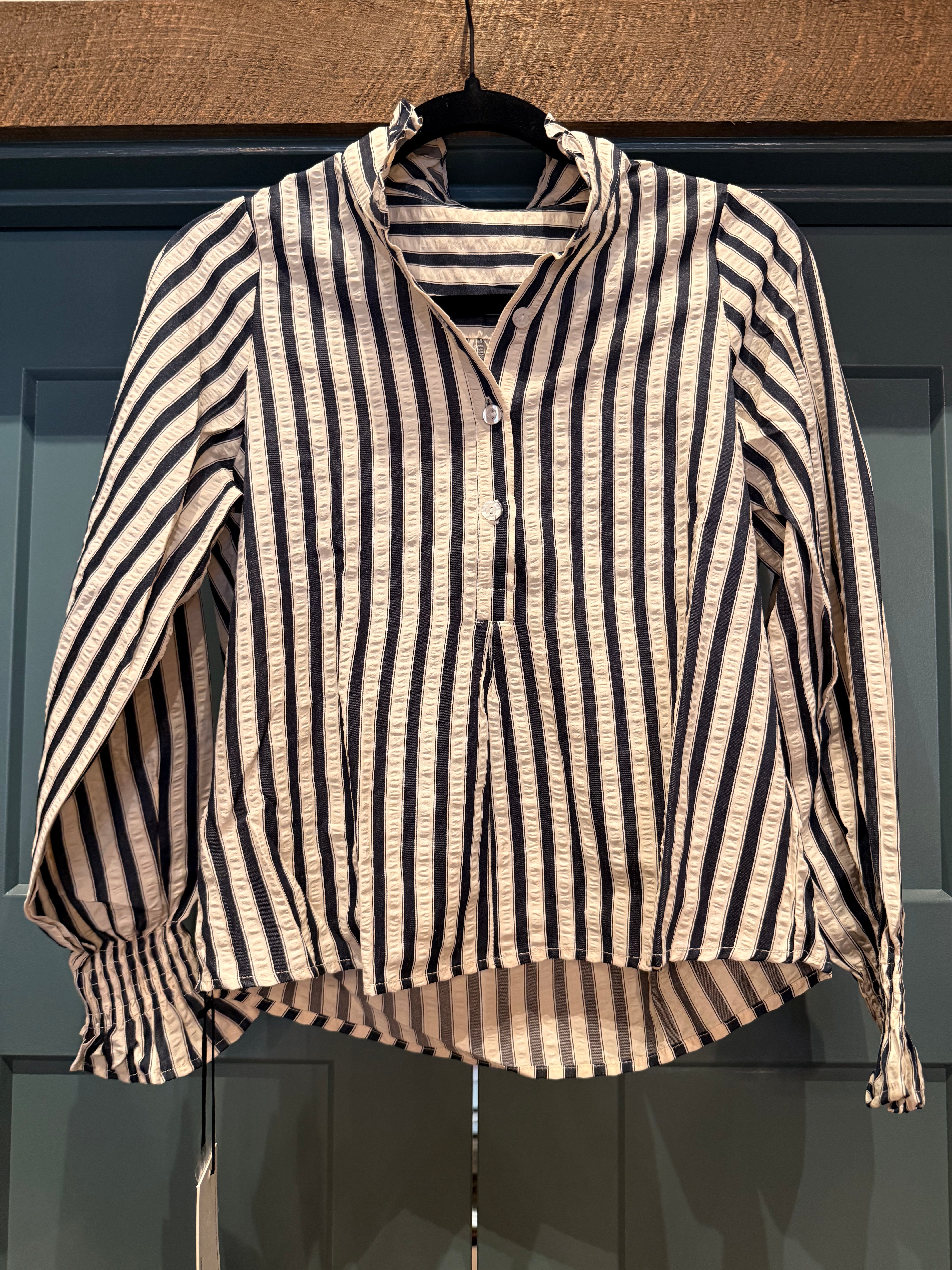 Juliette Navy Ruffled Collar Striped Top