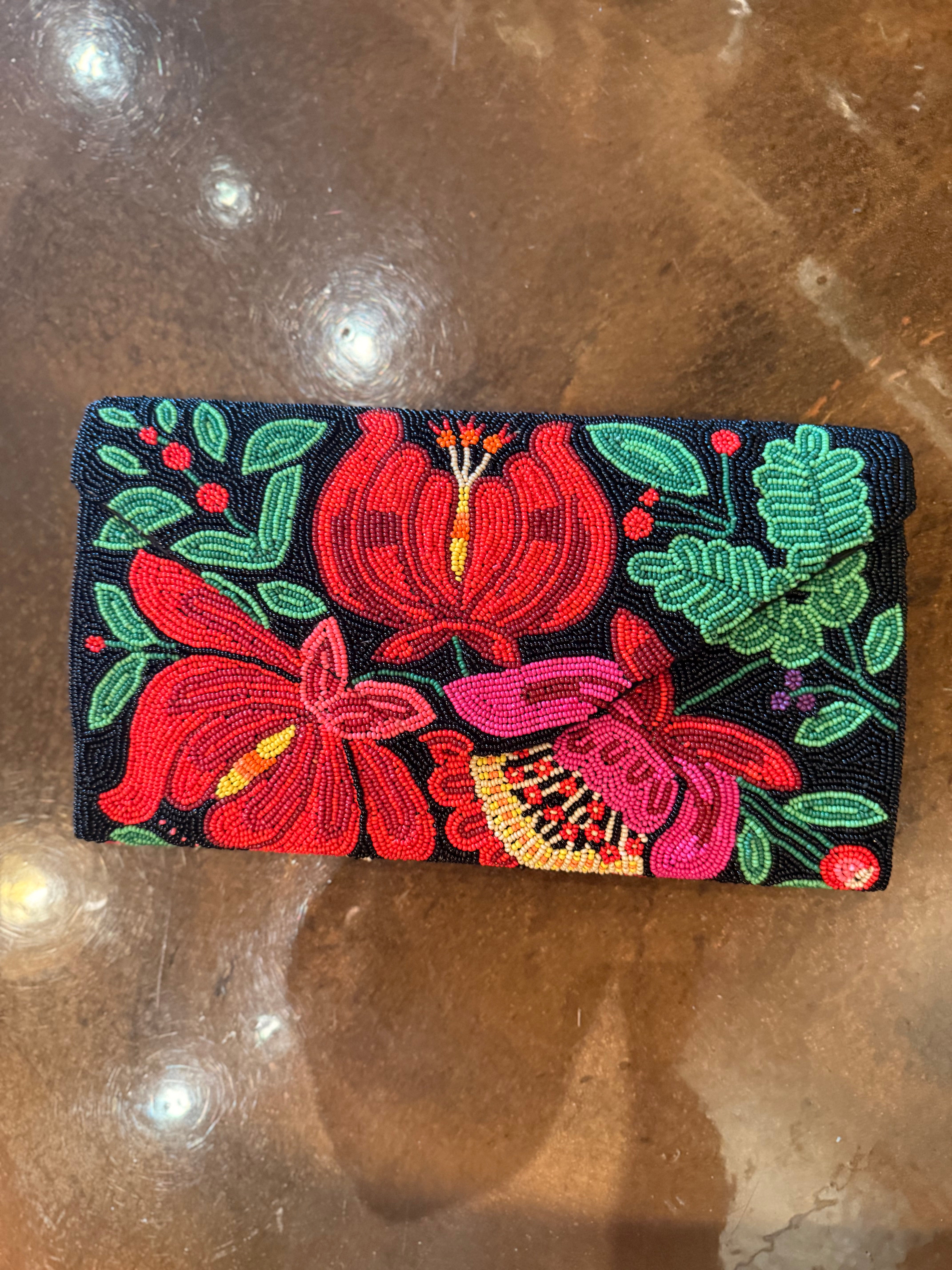 Beaded Black and Red Floral Clutch