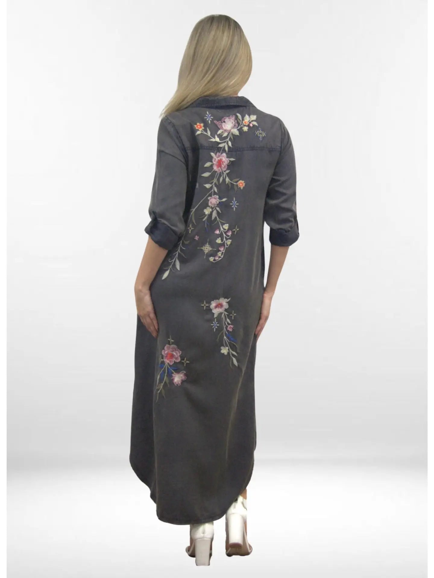 Savina Button Front Embroidered Denim Dress