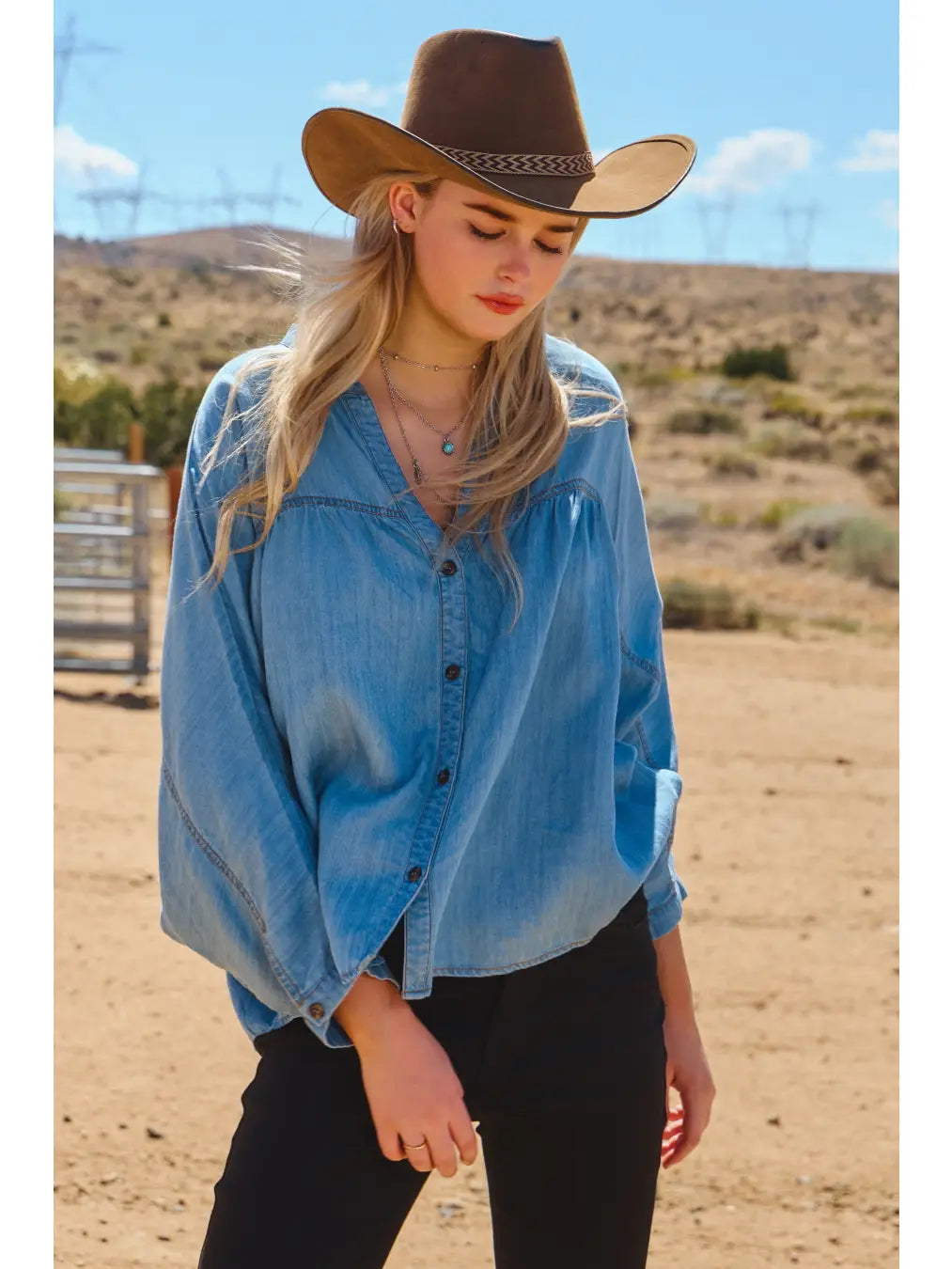 Chambray Denim V-Neck Button Down Shirt