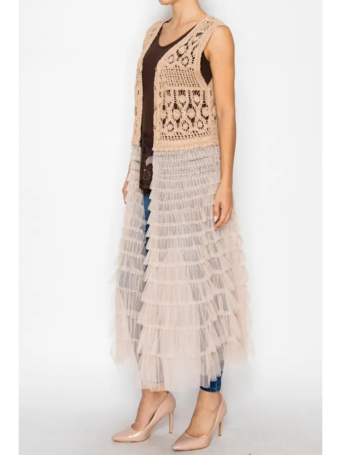 Origami Crochet Vest with A Long Tiered Mesh Layer -Taupe