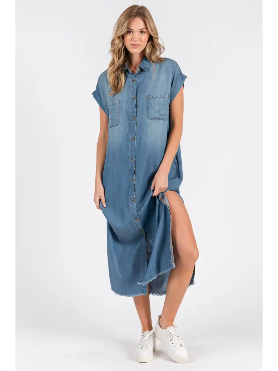 Short Sleeve Maxi Denim Dress- Denim