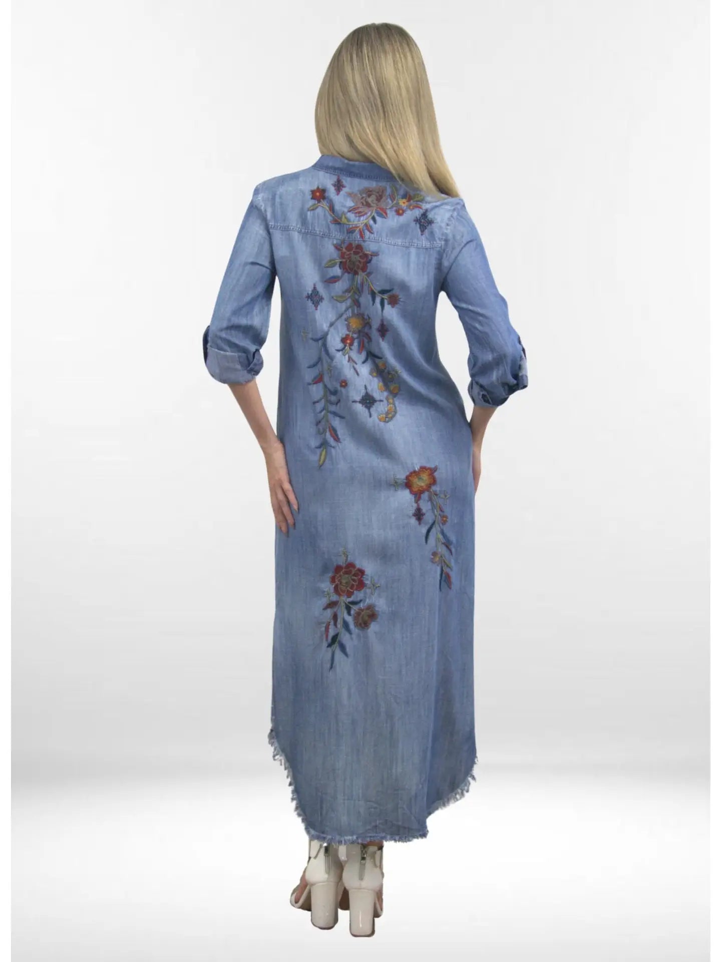 Savina Button Front Embroidered Denim Dress