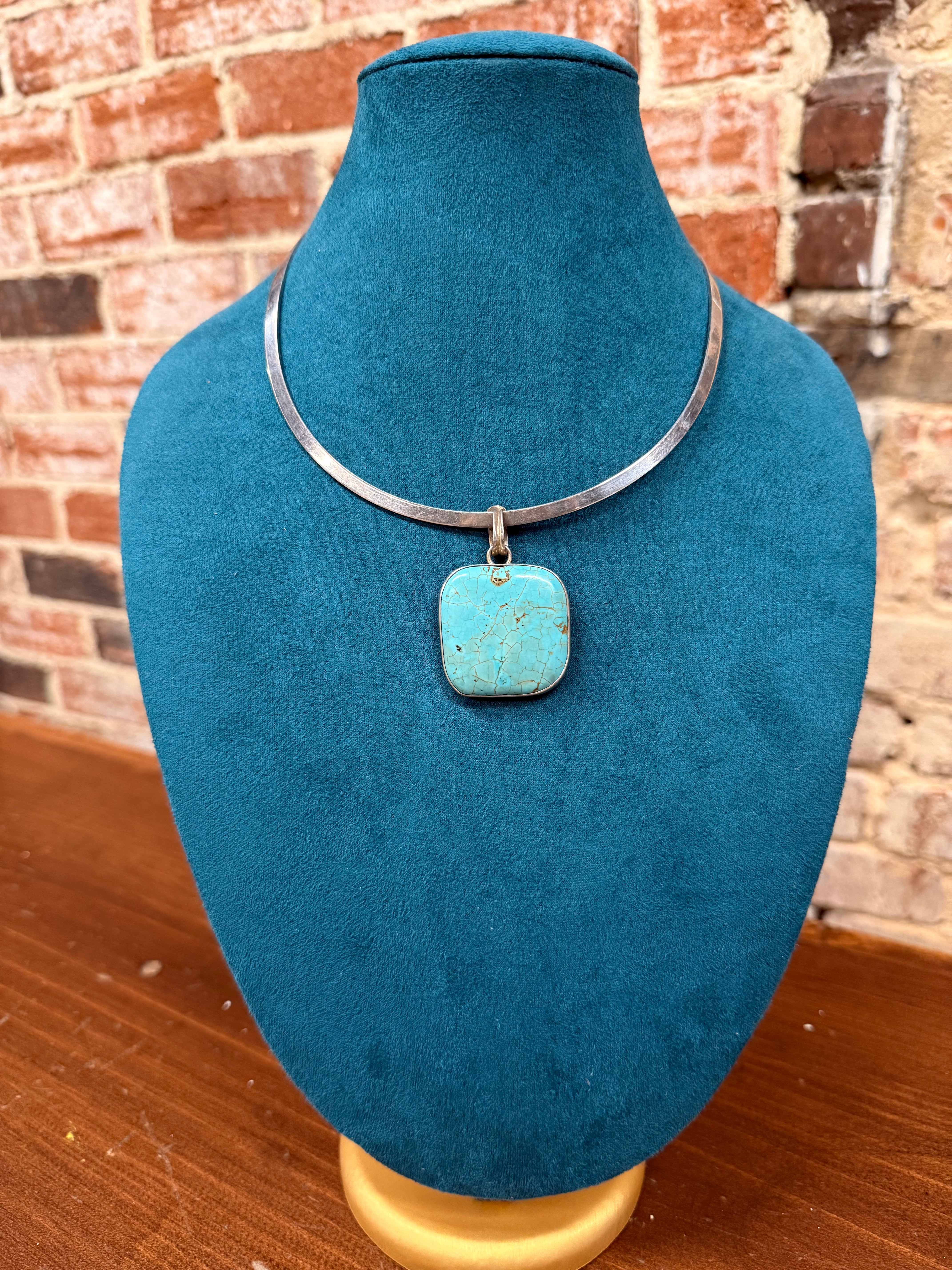 Silver Collar Necklace with Square Turquoise Pendant