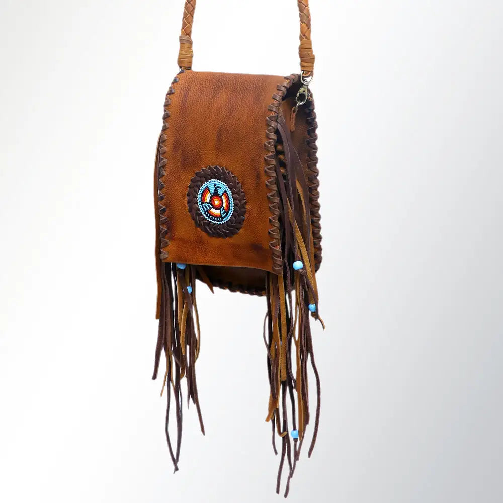 Amy - Handcrafted Leather Messenger Bag - Beaded Medallion & Fringe with Braided Strap