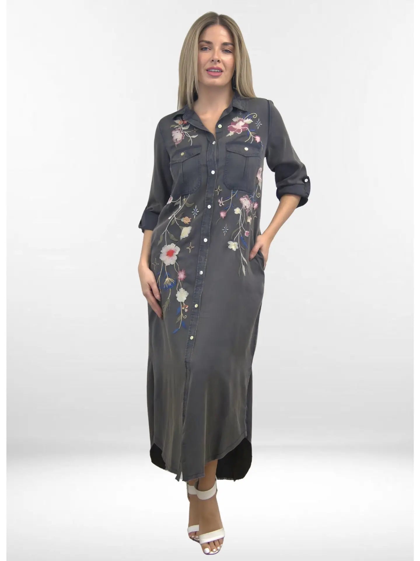 Savina Button Front Embroidered Denim Dress
