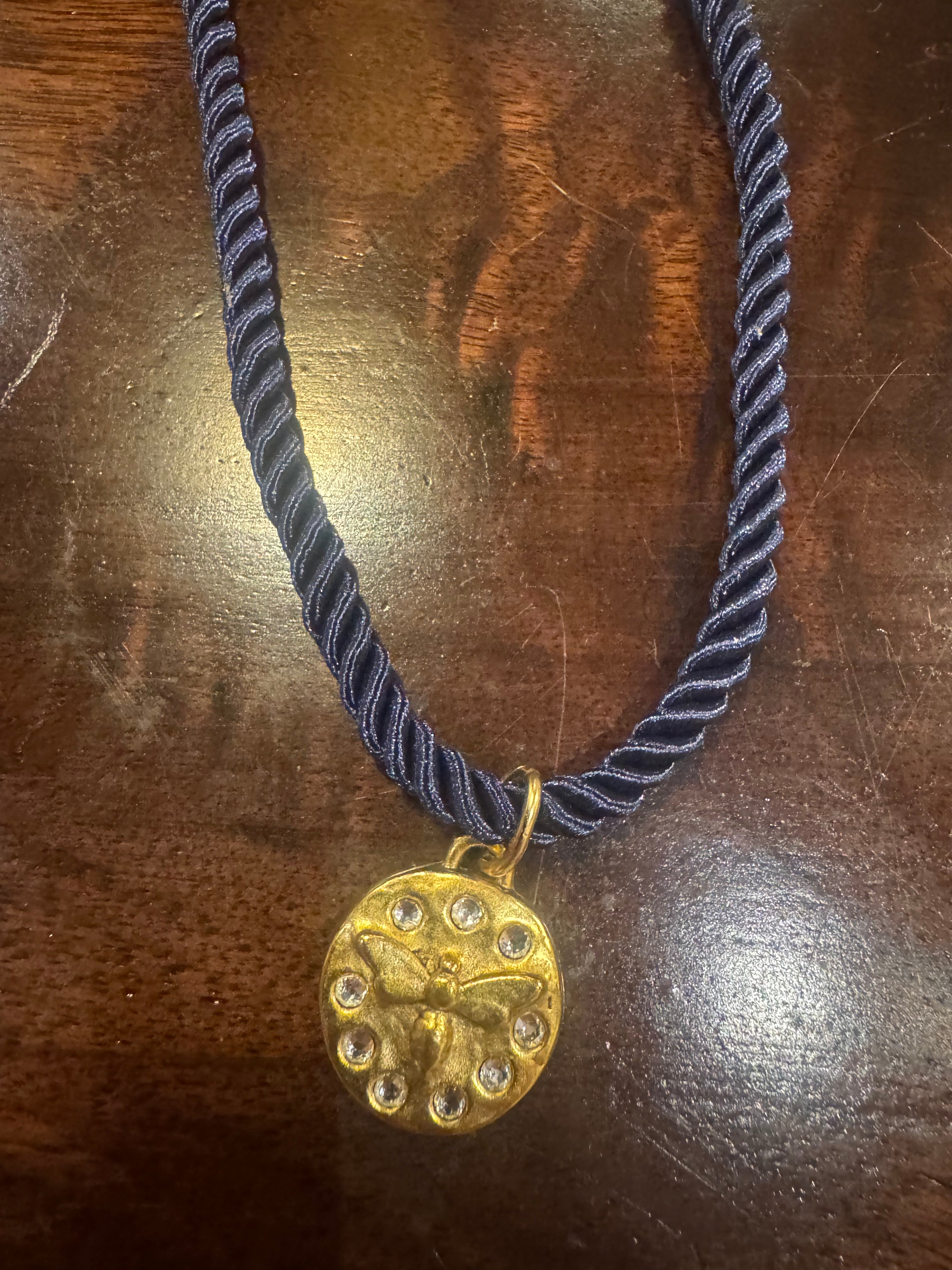 Navy Rope Necklace with Dragonfly Gold Medallion