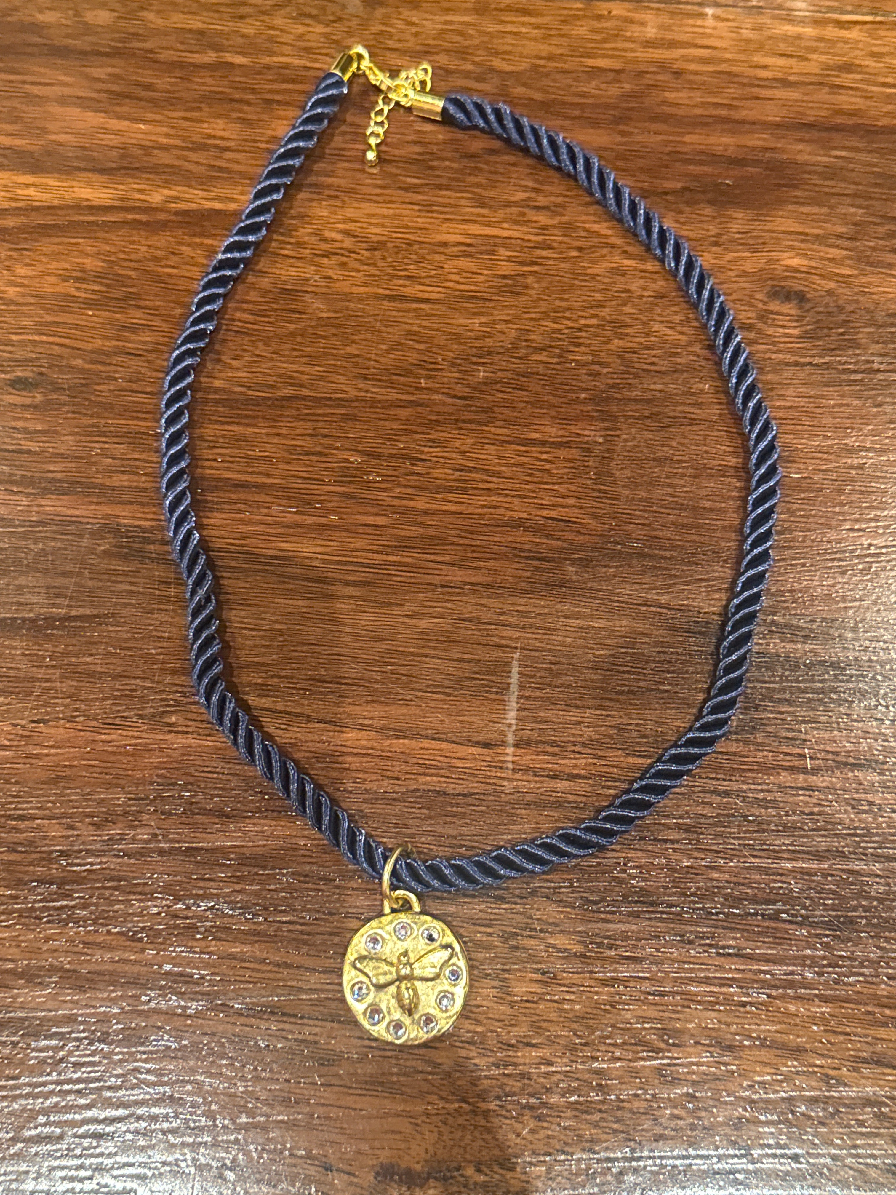 Navy Rope Charm Necklace with Bee