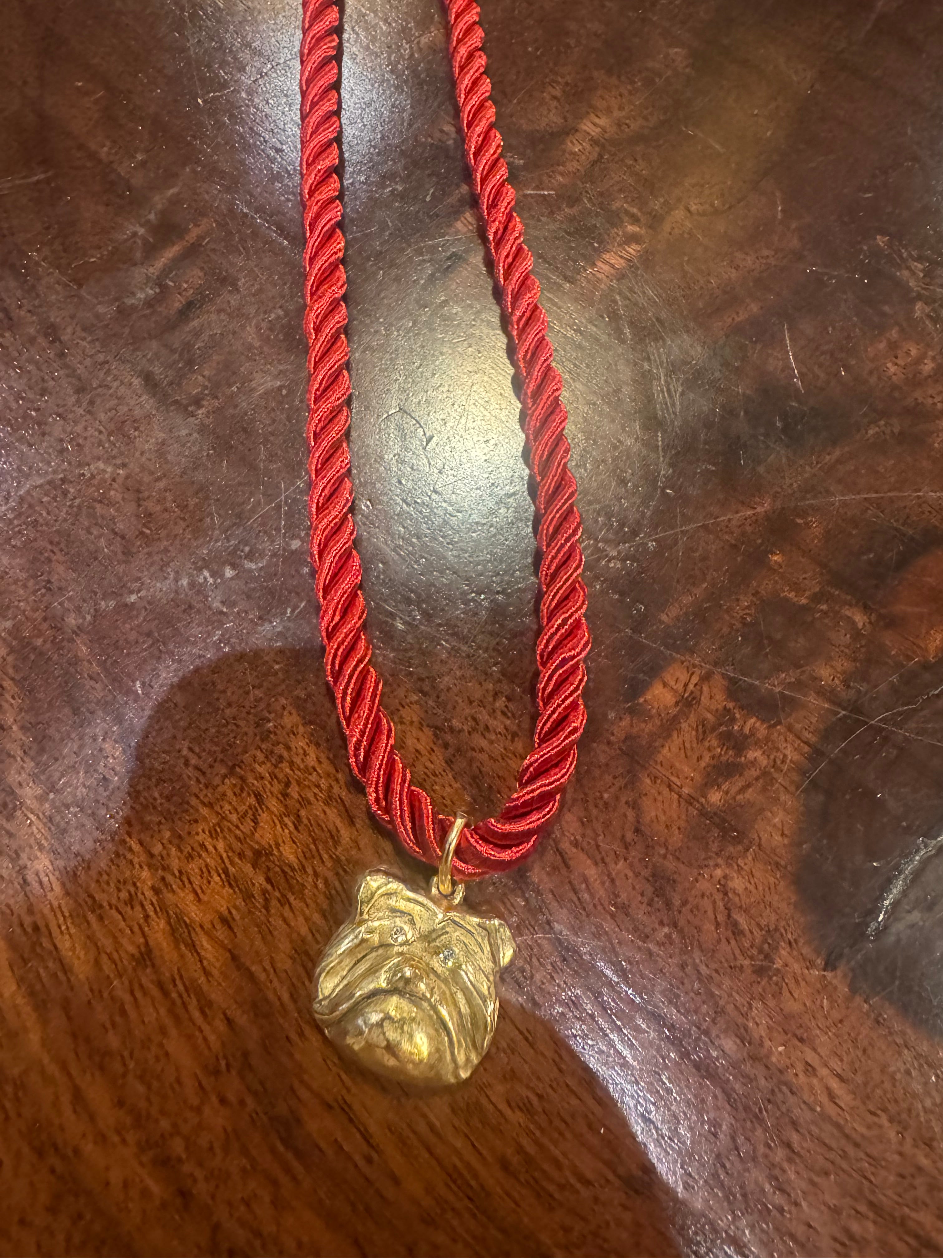 Red Rope Medallion Necklace with Gold Bulldog
