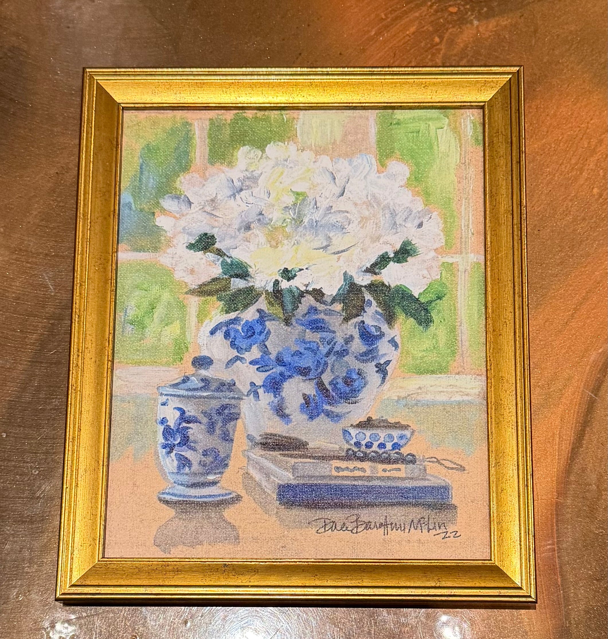 Table Top Chinoiserie Vases with White Hydrangeas