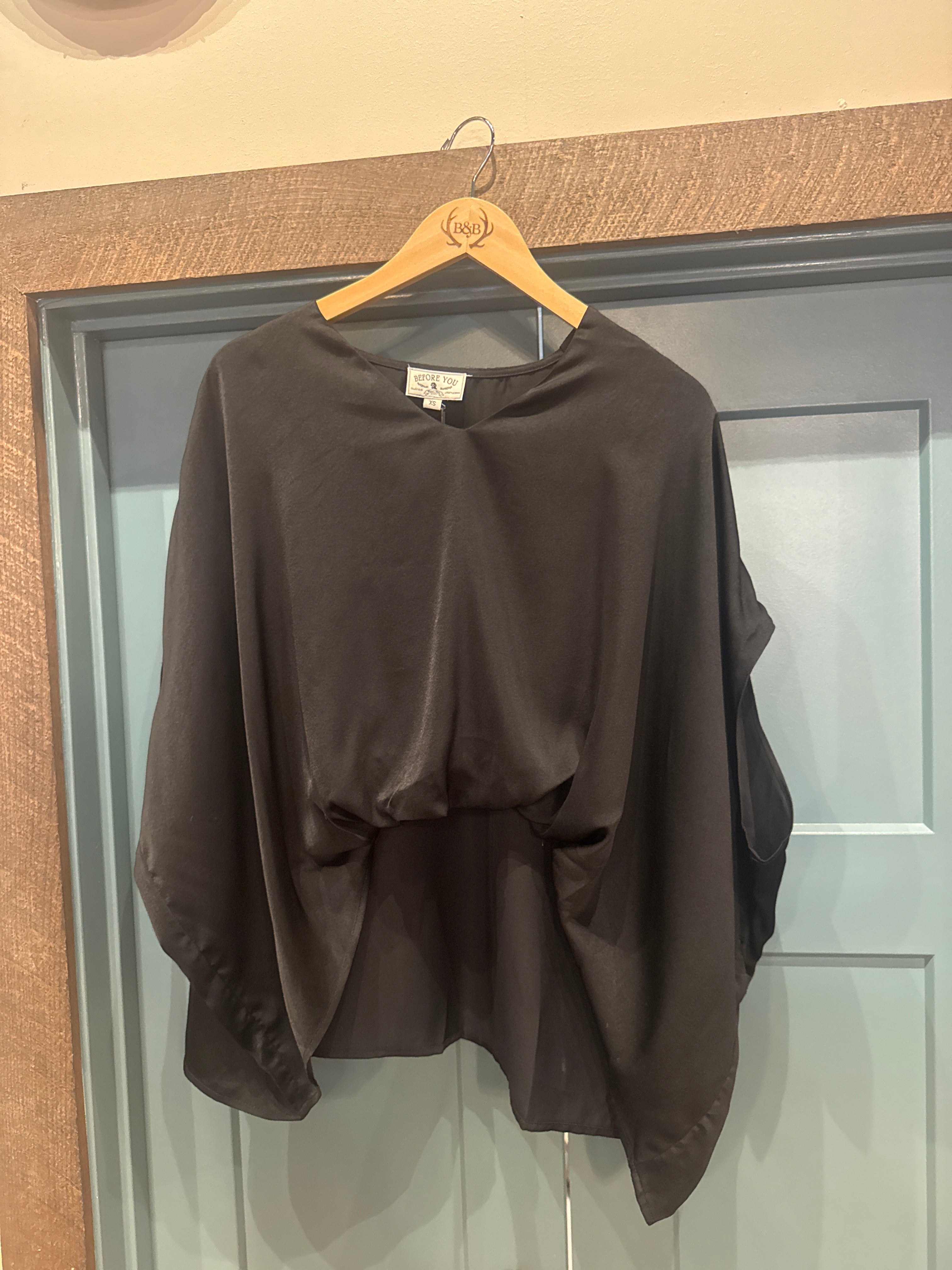 Before You Satin Solid V-Neck Front Waist Elastic Flowy Top