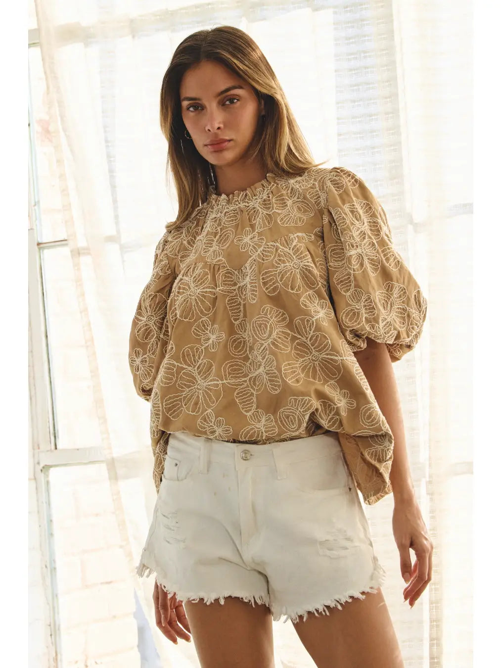 Embroidered Babydoll Blouse in Camel