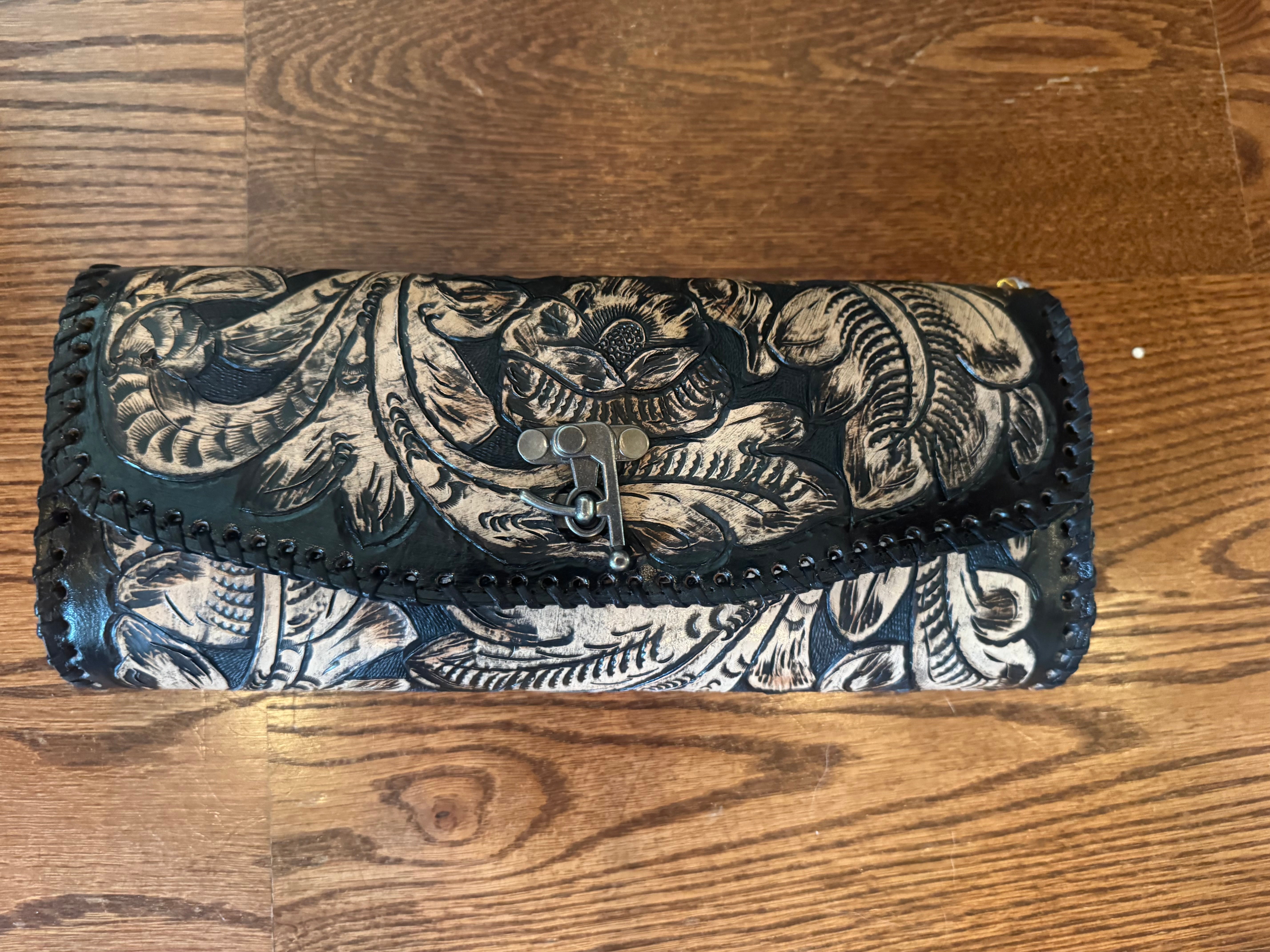Juan Antonio Hand Painted Black Tooled on natural Clutch
