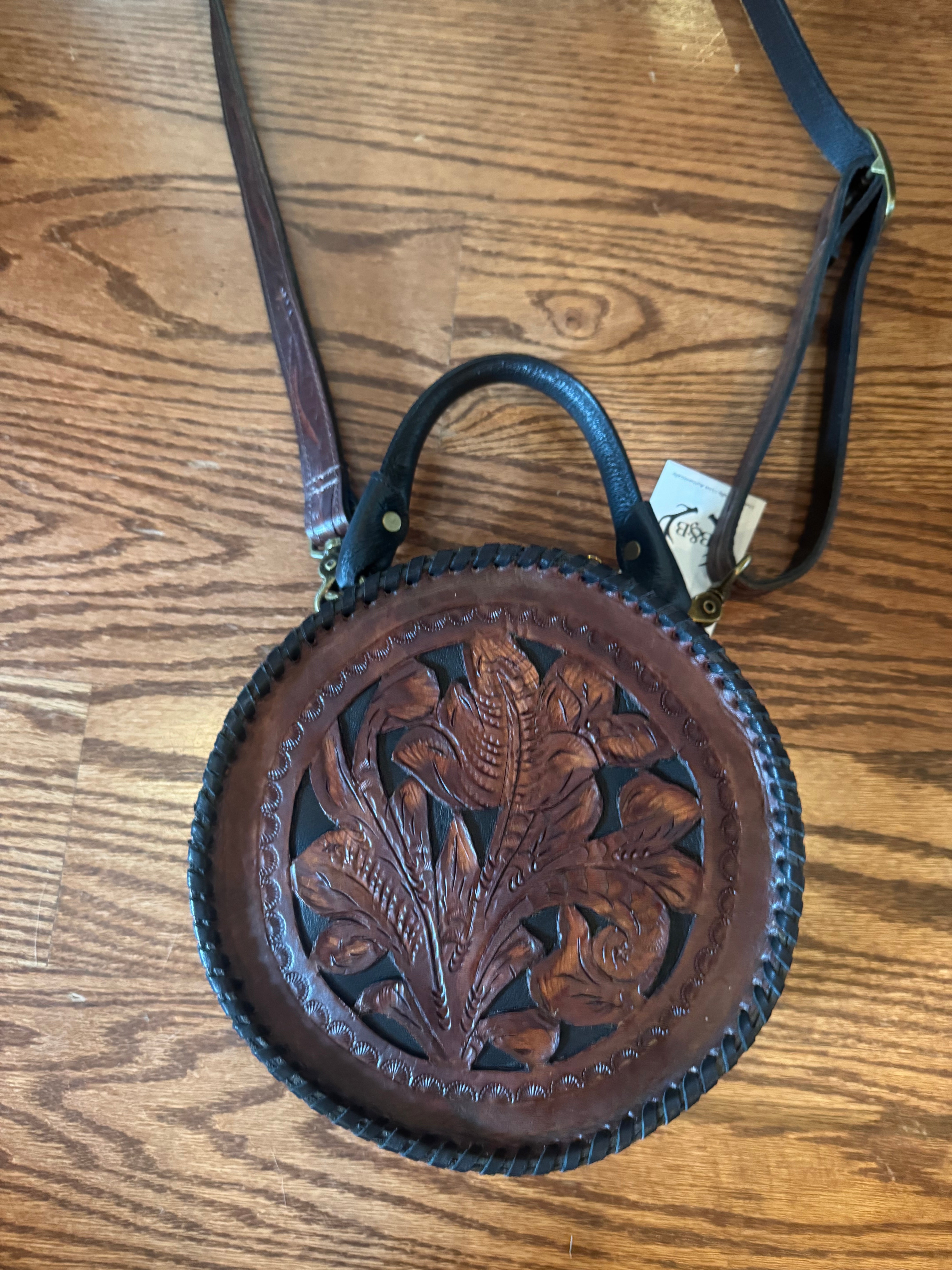 Juan Antonio Brown Hand Tooled purse with Black inlay Round bag black handle