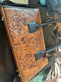Hand Tooled Saddle Bag Tan with Brown Trim