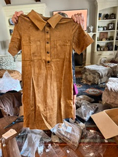 Camel Suede Button up, Polo TShirt Dress with Pockets