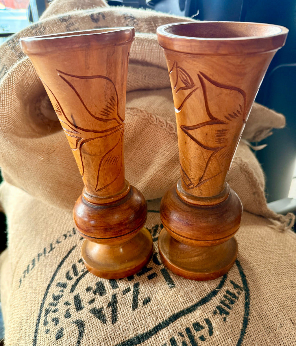 Hand Carved Wooden Vase with Floral Leaf Motif