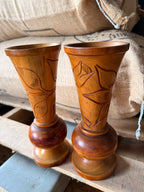 Hand Carved Wooden Vase with Floral Leaf Motif
