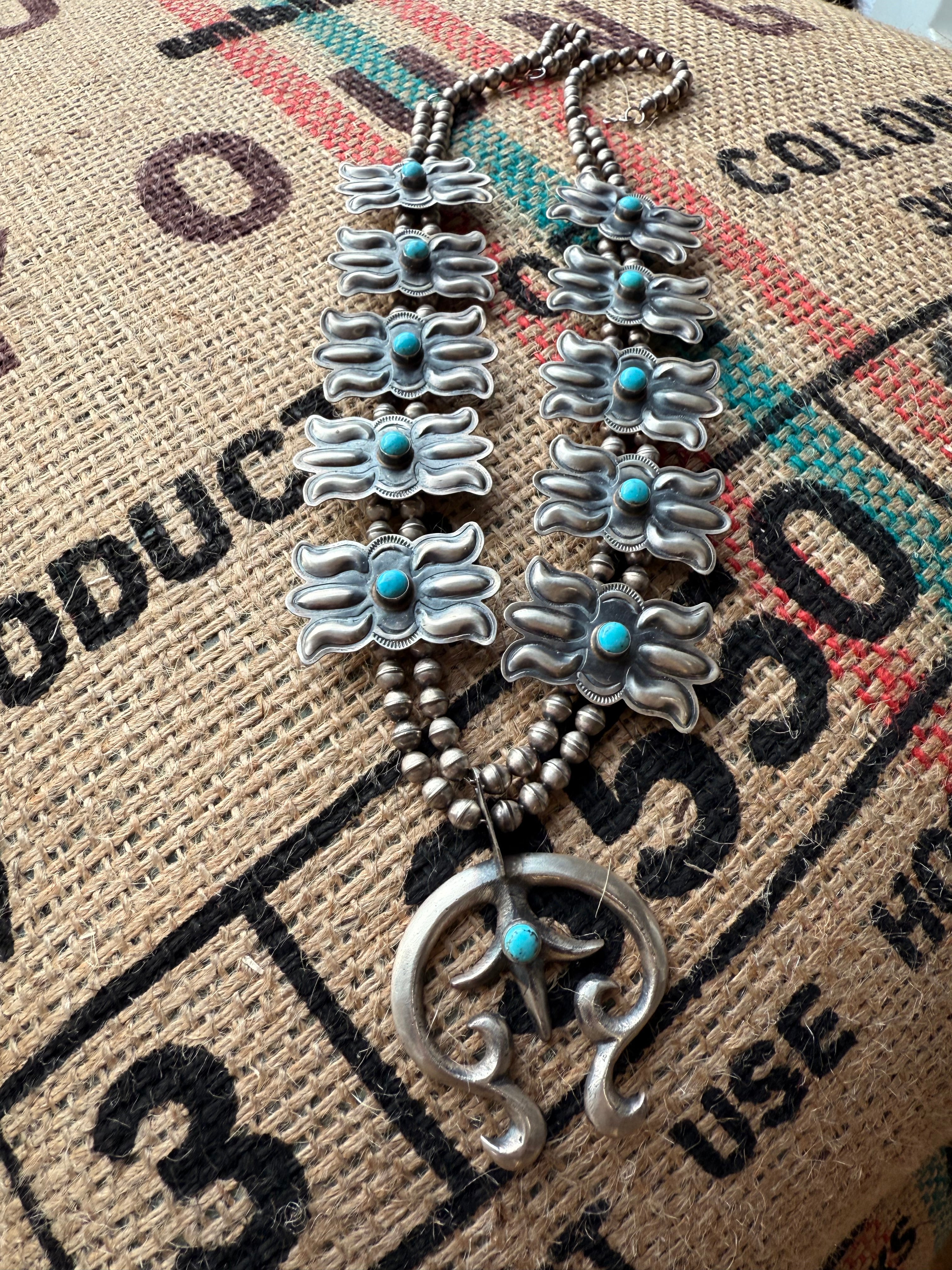 Sterling Silver Navajo Squash Blossom Statement Necklace with Naja Pendant