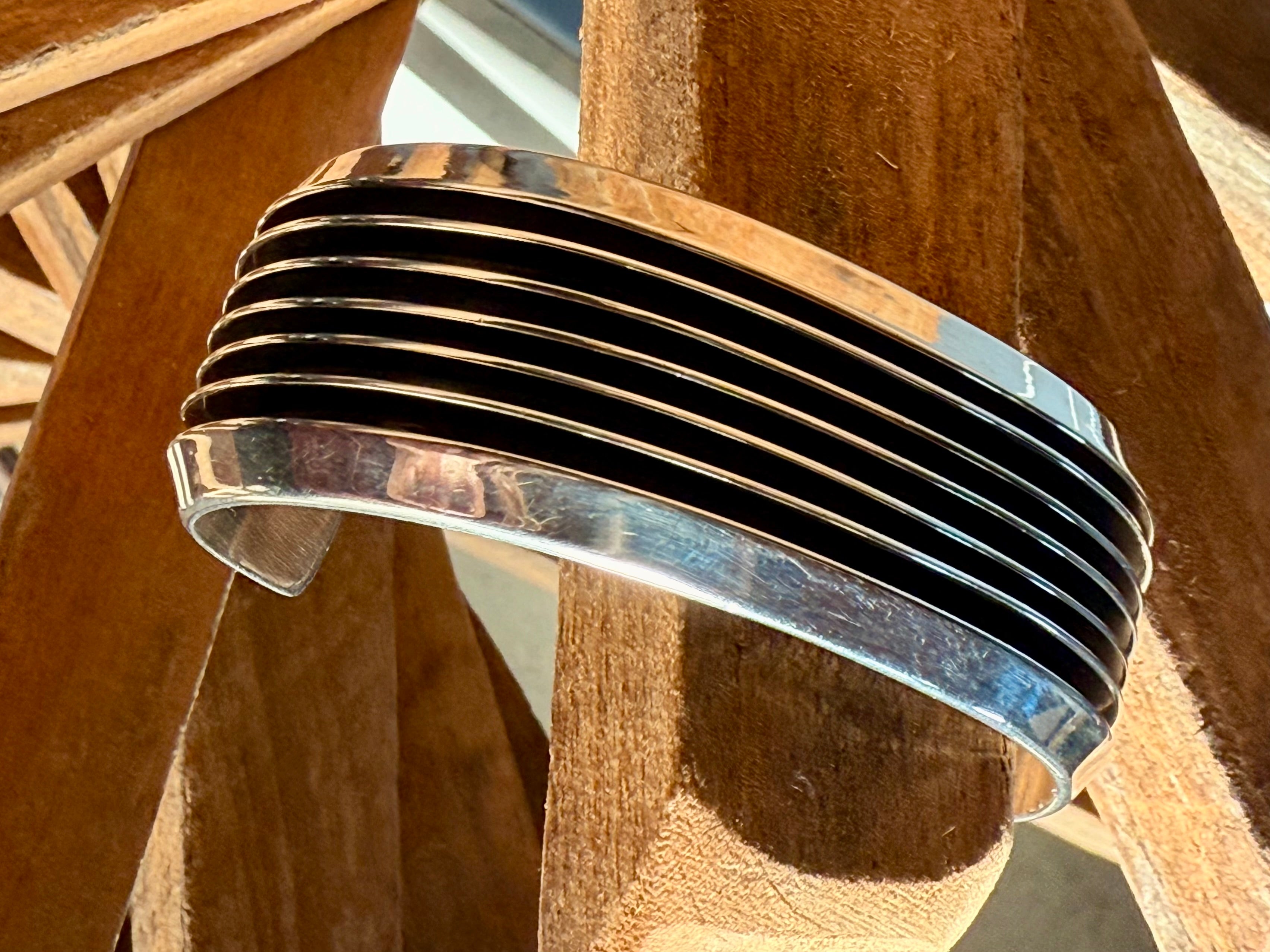 Navajo Sterling Silver Cuff Bracelet with Black Inlay