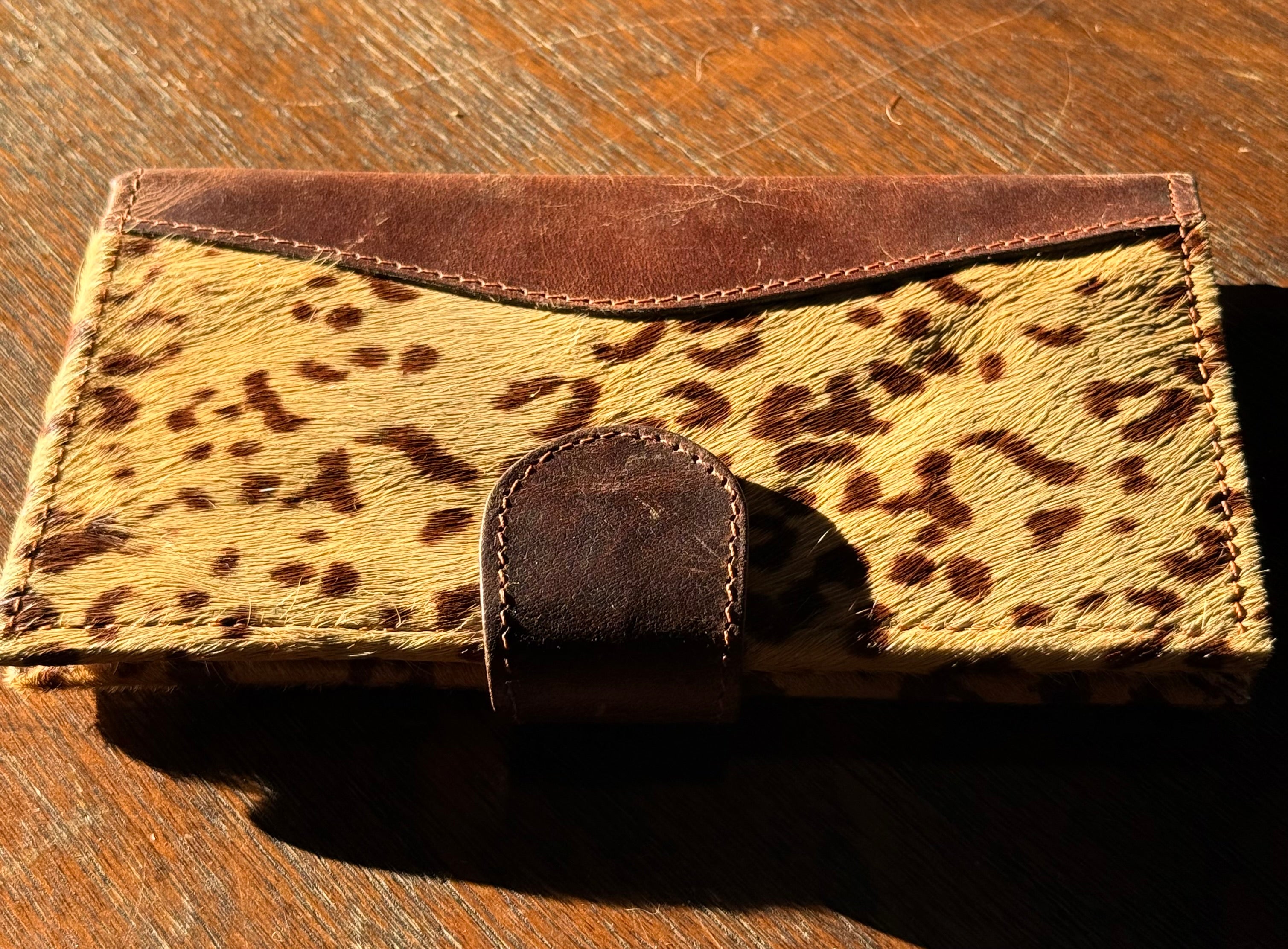 Leather and Cowhide Leopard Print Snap Closure Wallet