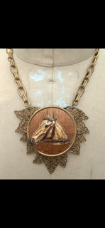 Vintage Horse Carved Necklace 3 w gold flare
