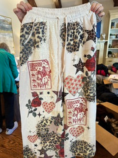 Beige Drawstring Pants Western Print