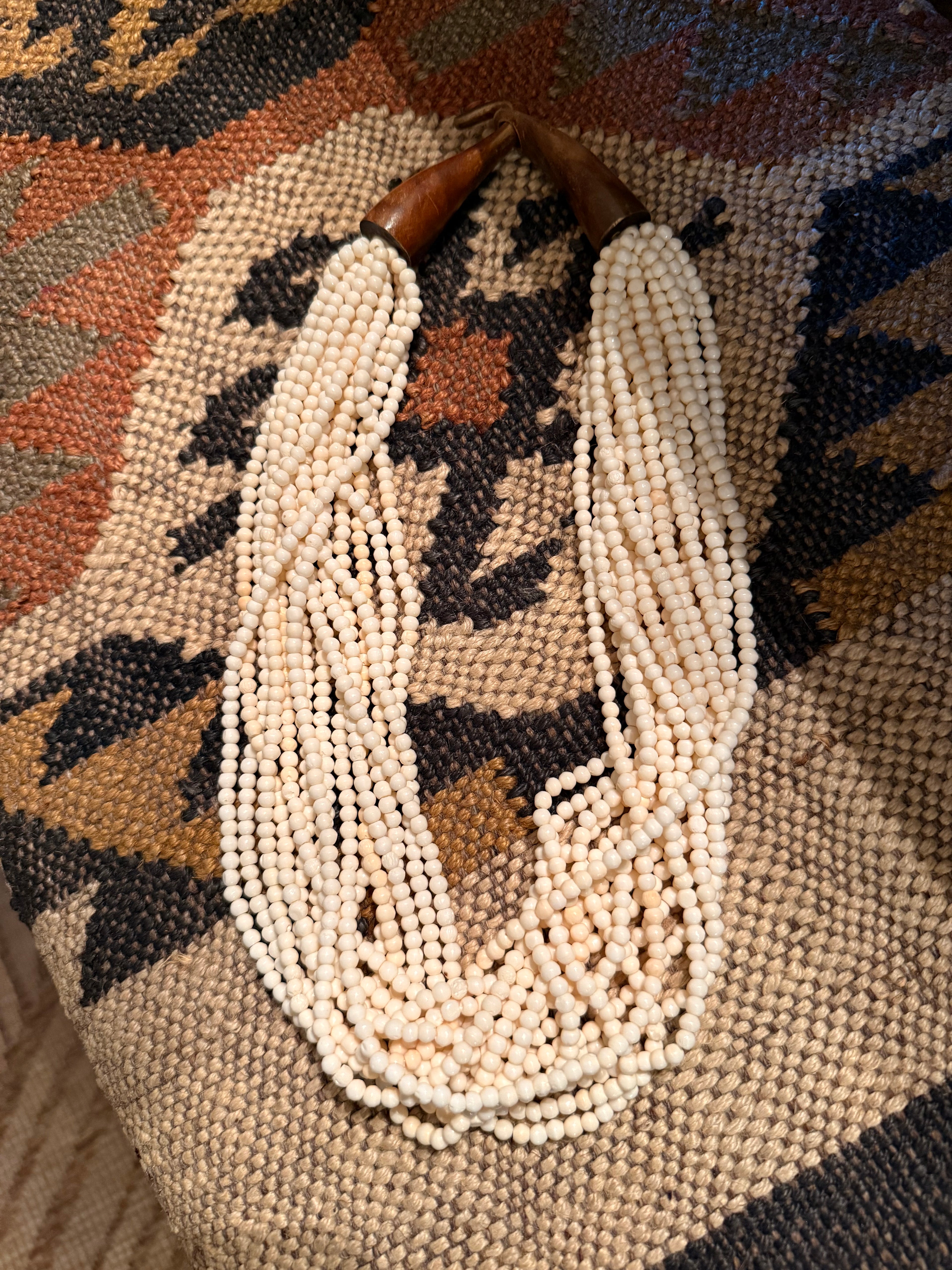 Multi-strand Bone Bead Necklace with Wooden Toggle Clasp