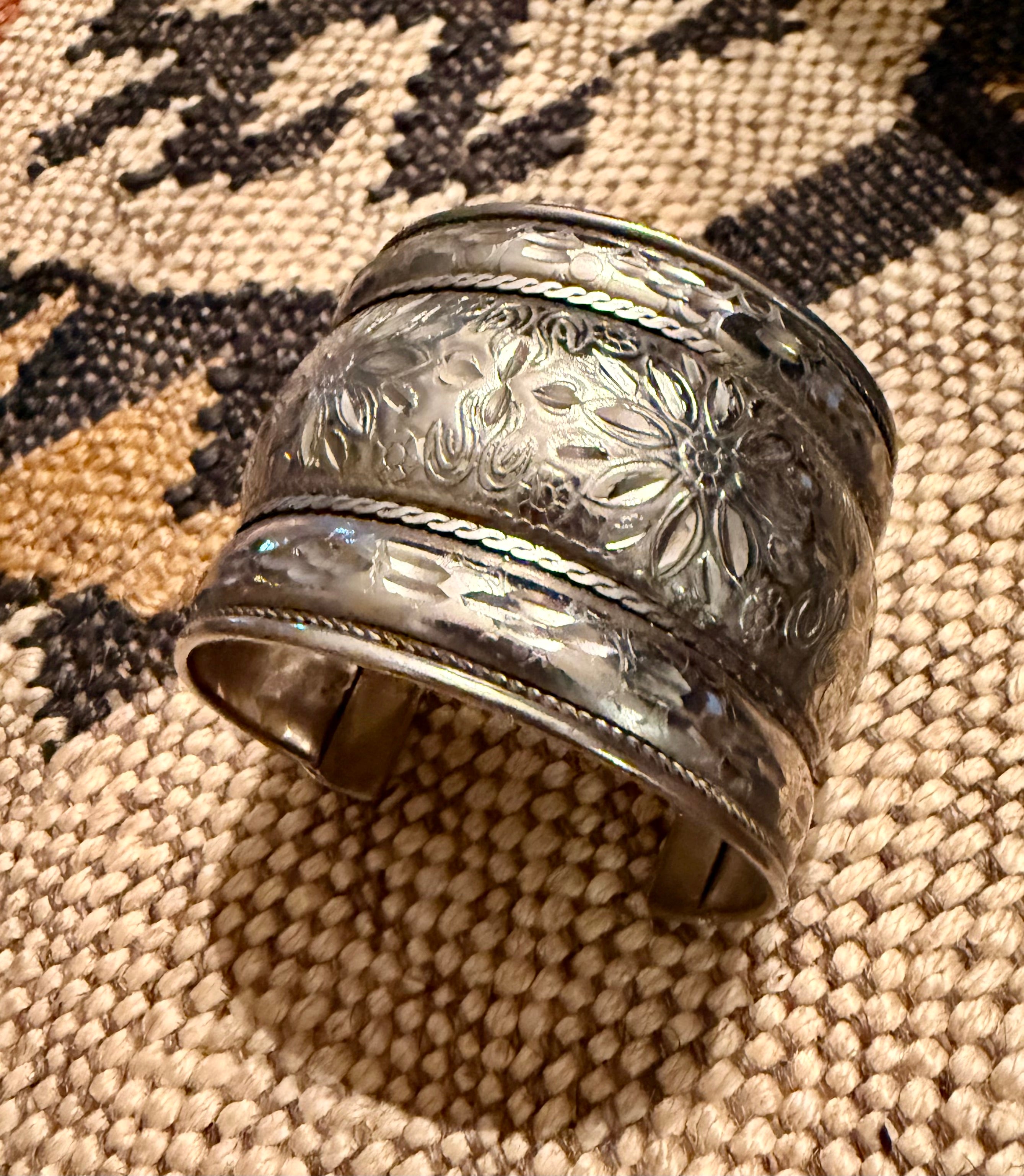 Sterling Sliver Repousse Bracelet Cuff with Western Floral Design