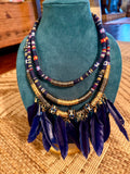 Textile and Navy Blue Canyon Dancer Feather Statement Necklace with Brass Accents