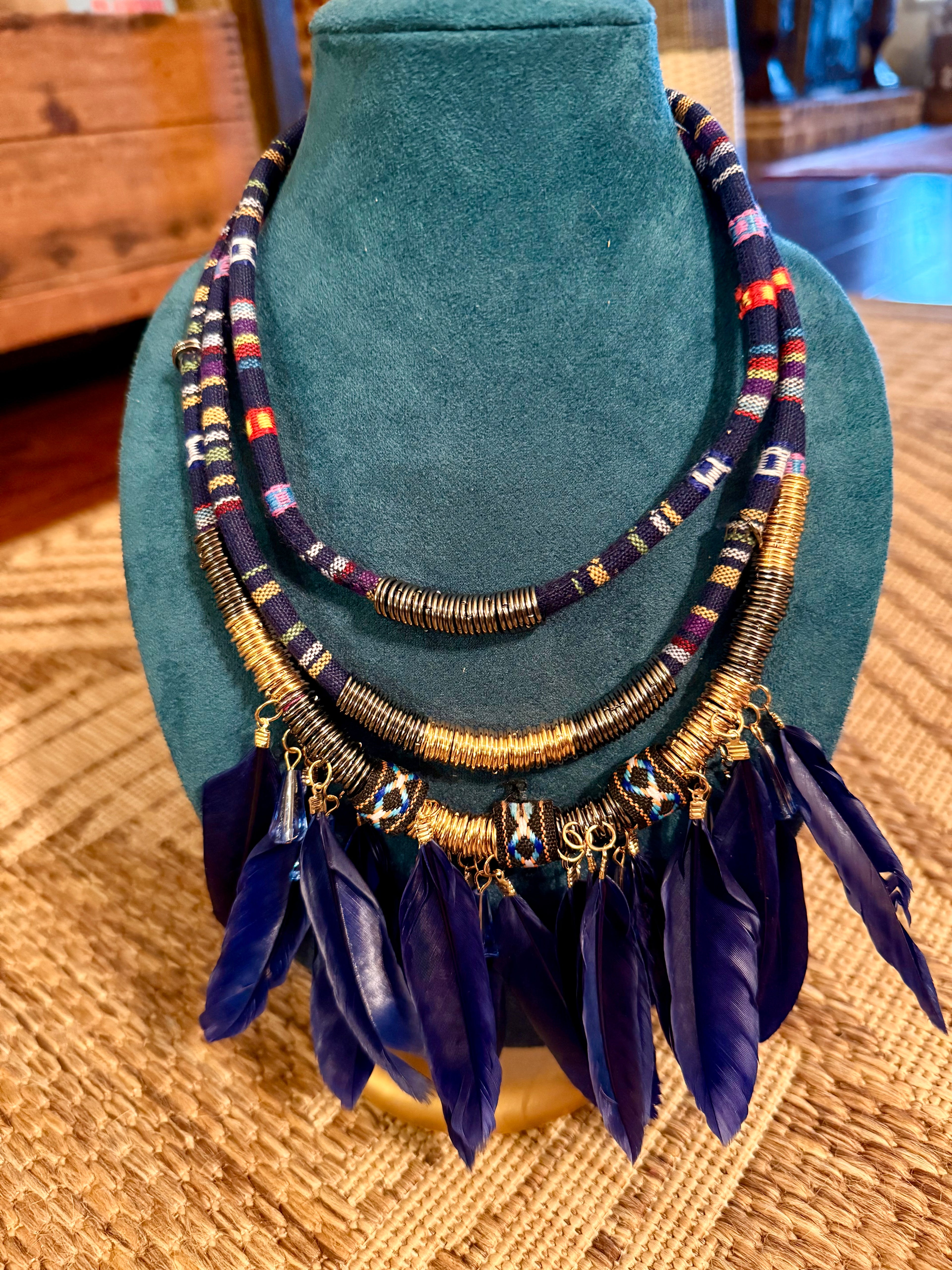 Textile and Navy Blue Canyon Dancer Feather Statement Necklace with Brass Accents