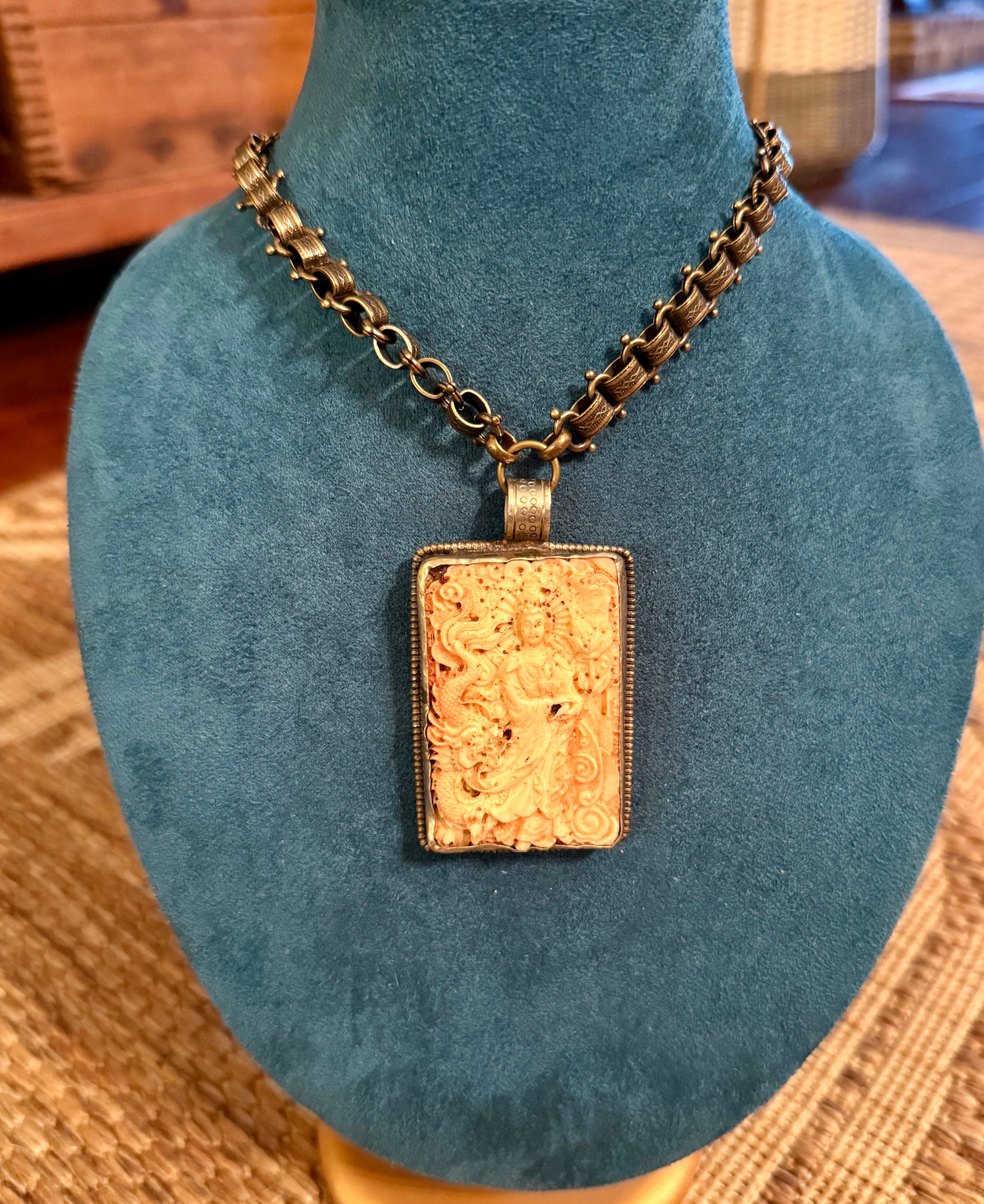 Vintage Brass Necklace with Carved Ivory Pendant